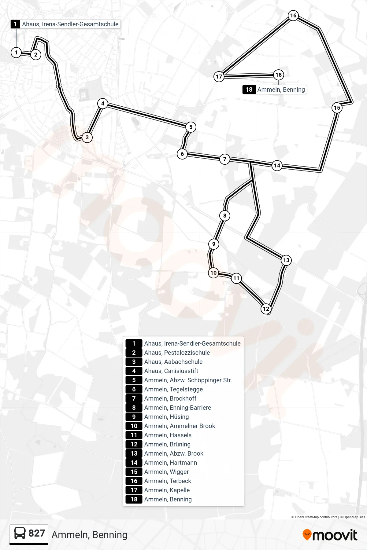 827 bus Line (Ammeln, Benning) route and stops on a map