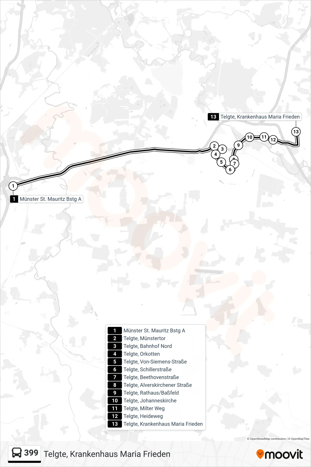 Linie 399 (Tram) Richtung Telgte, Krankenhaus Maria Frieden: Route und Haltestellen auf der Karte