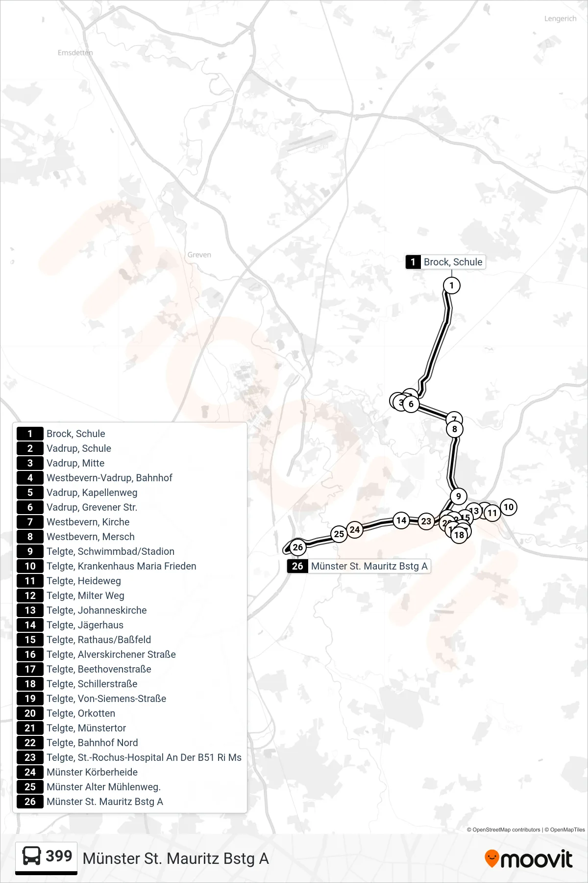 399 tram Line (Münster St. Mauritz Bstg A) route and stops on a map