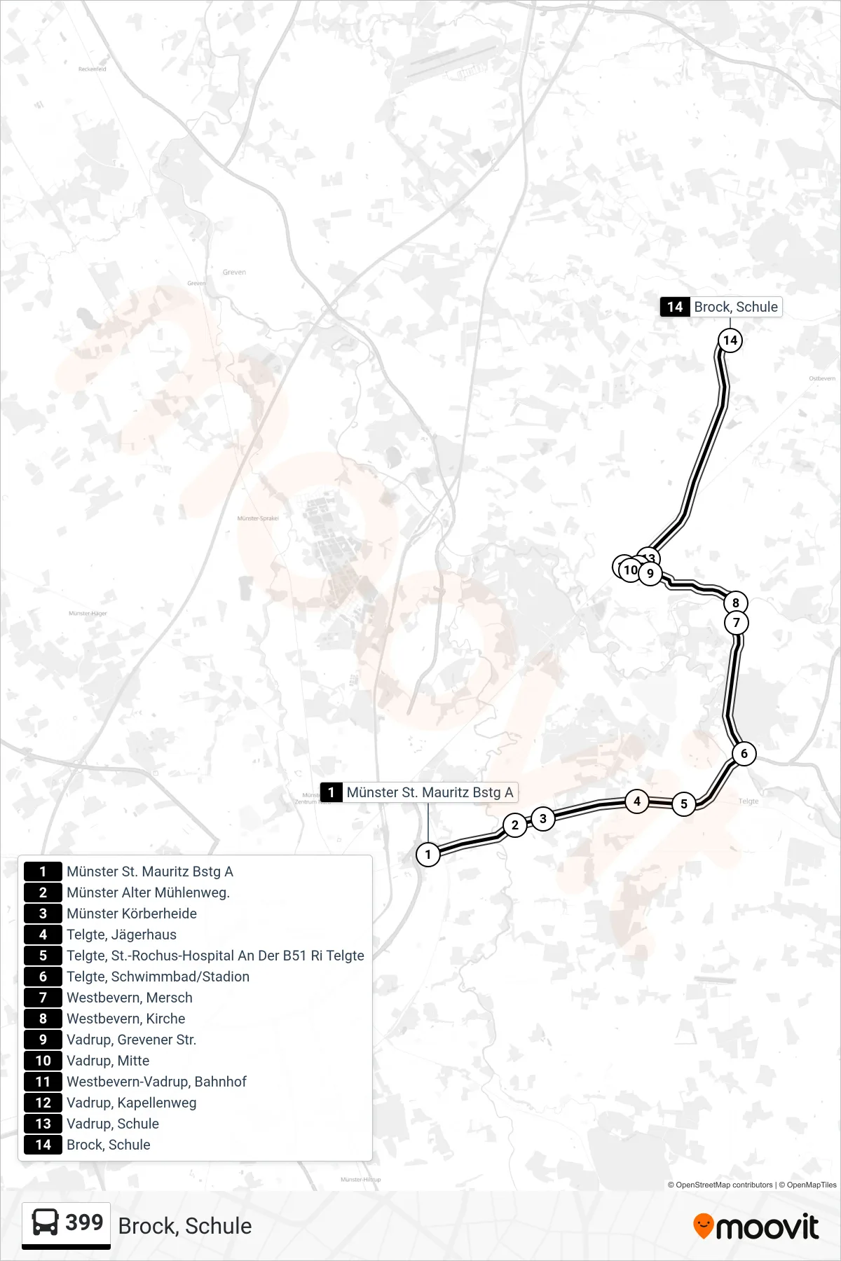 399 tram Line (Brock, Schule) route and stops on a map