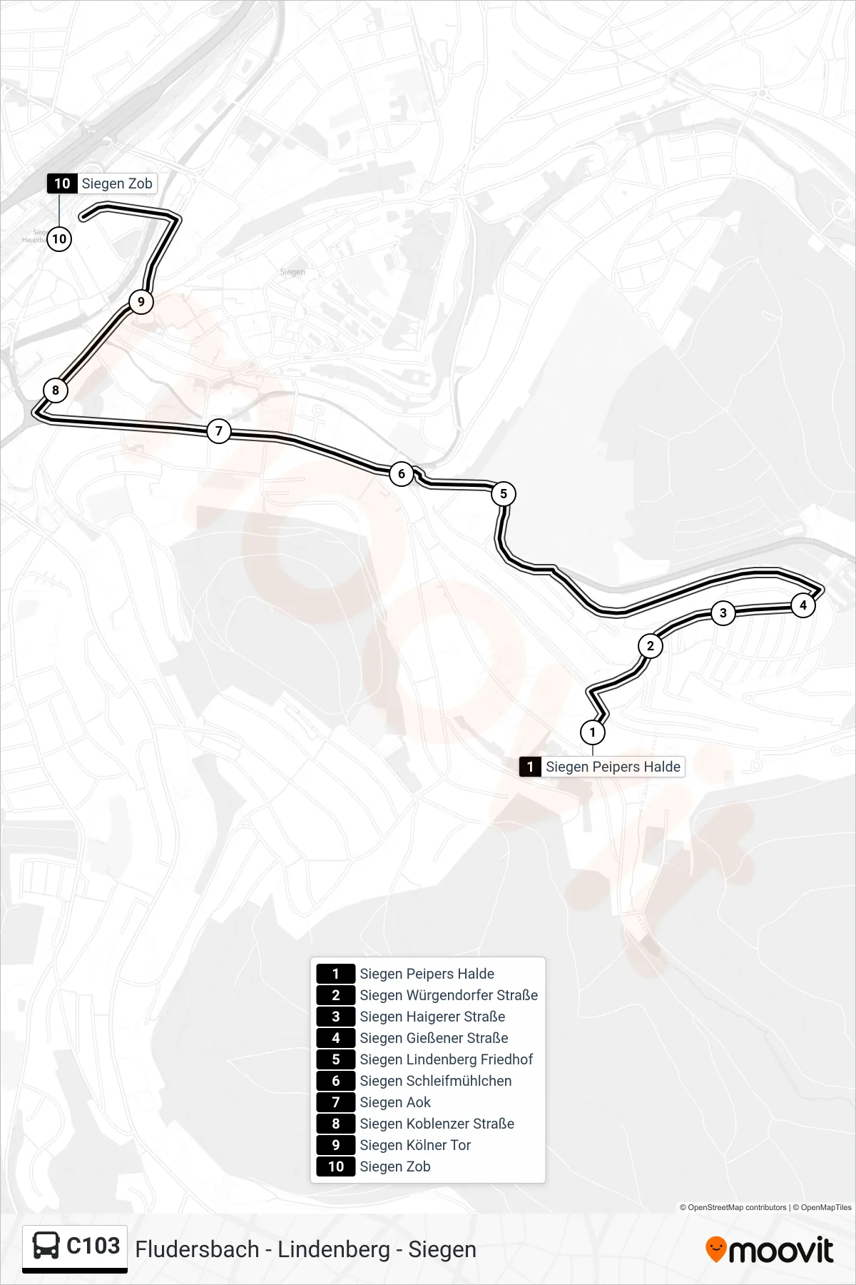 Linie C103 (Bus) Richtung Siegen Zob Bstg A: Route und Haltestellen auf der Karte
