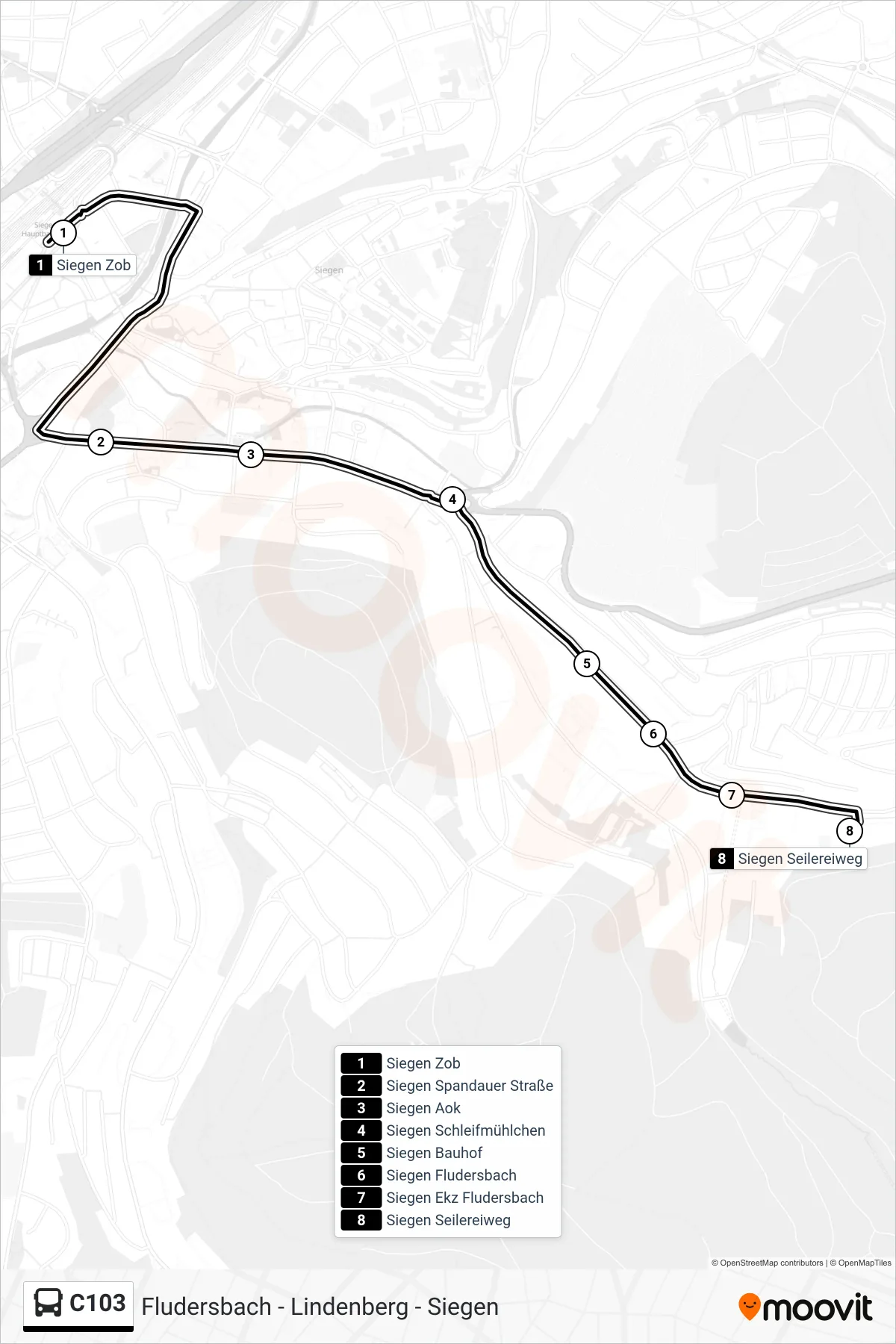 C103 bus Line (Siegen Seilereiweg) route and stops on a map