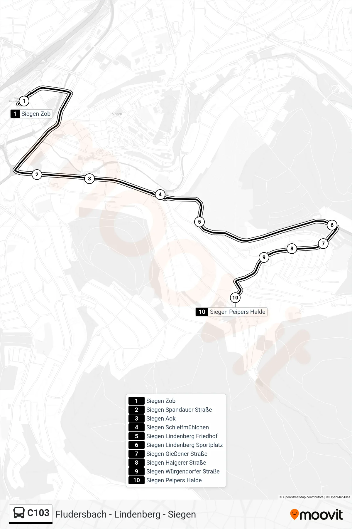 Linie C103 (Bus) Richtung Siegen Peipers Halde: Route und Haltestellen auf der Karte