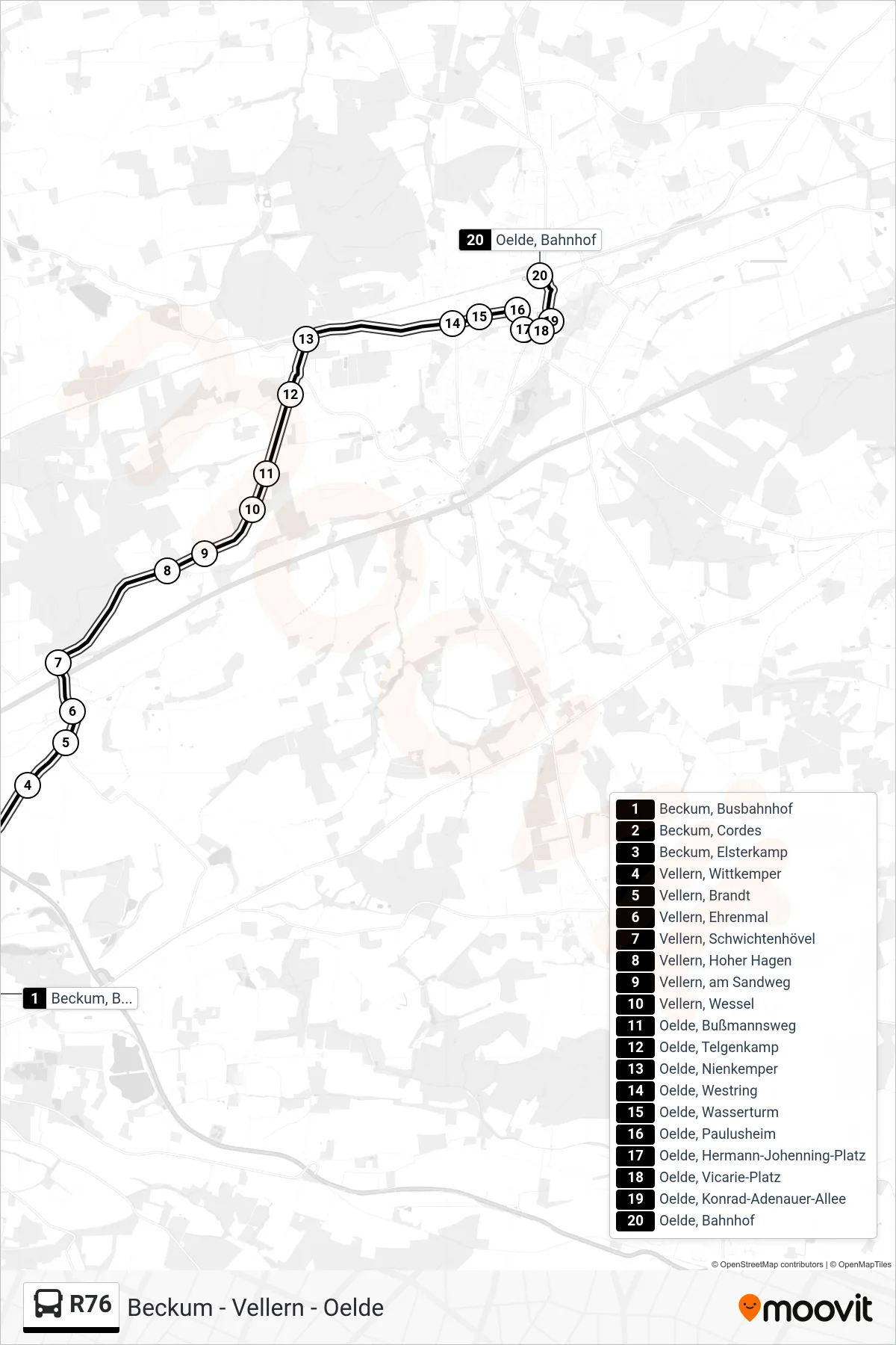 R76 bus Line (Oelde, Bahnhof) route and stops on a map