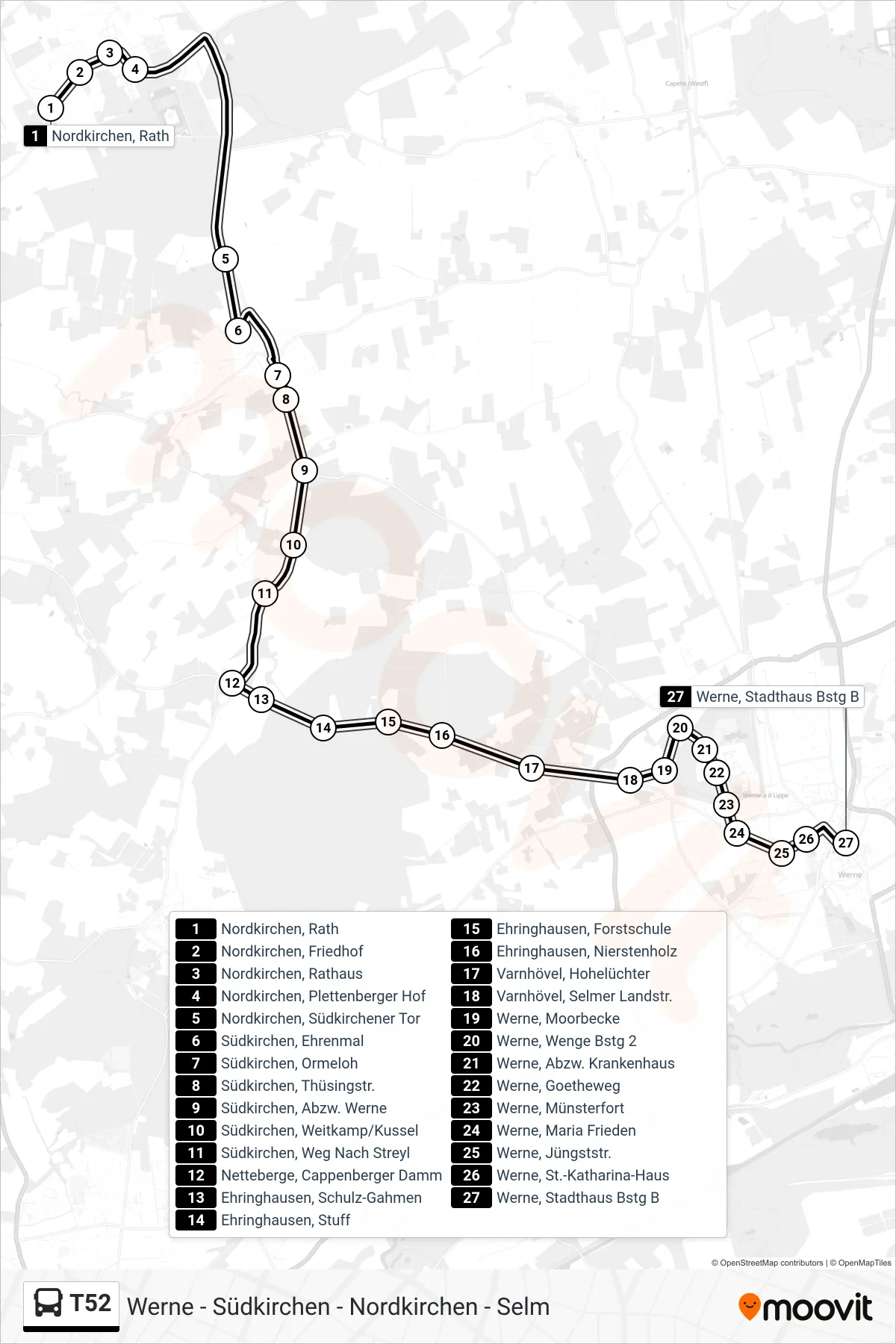 T52 bus Line (Werne, Stadthaus Bstg B) route and stops on a map
