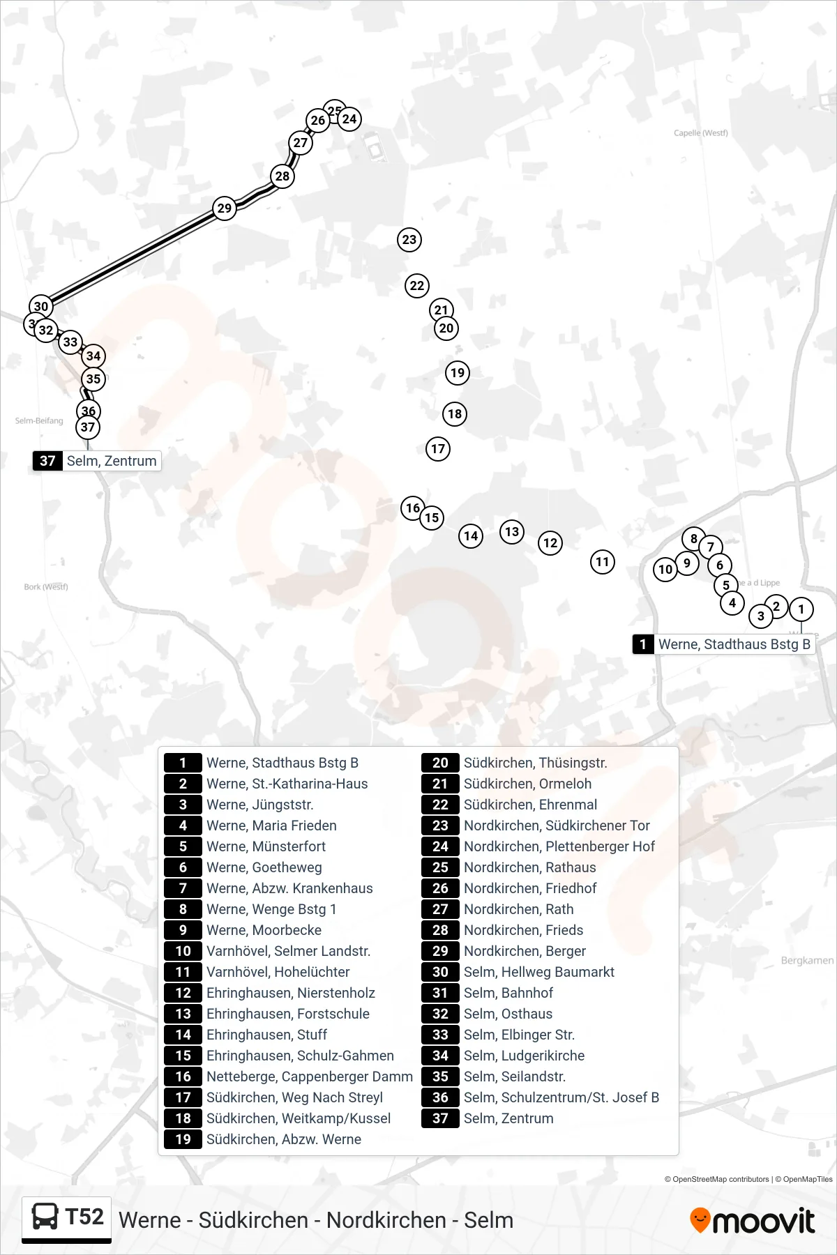 Linie T52 (Bus) Richtung Selm, Zentrum: Route und Haltestellen auf der Karte