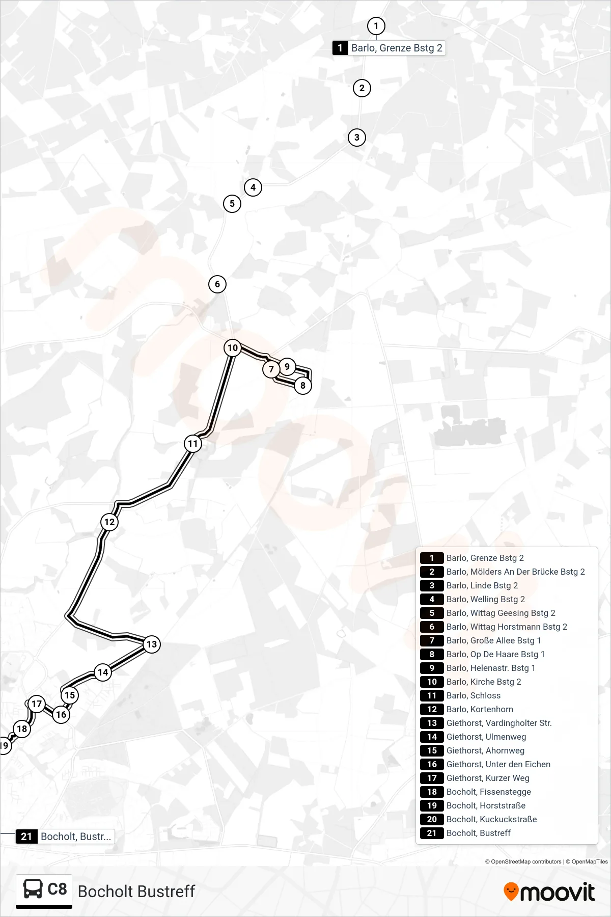 C8 tram Line (Bocholt Bustreff) route and stops on a map