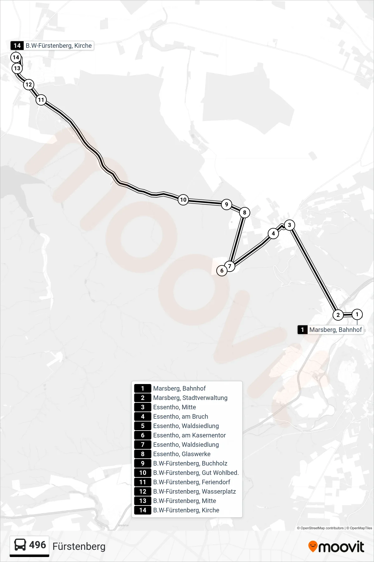496 bus Line (Fürstenberg) route and stops on a map