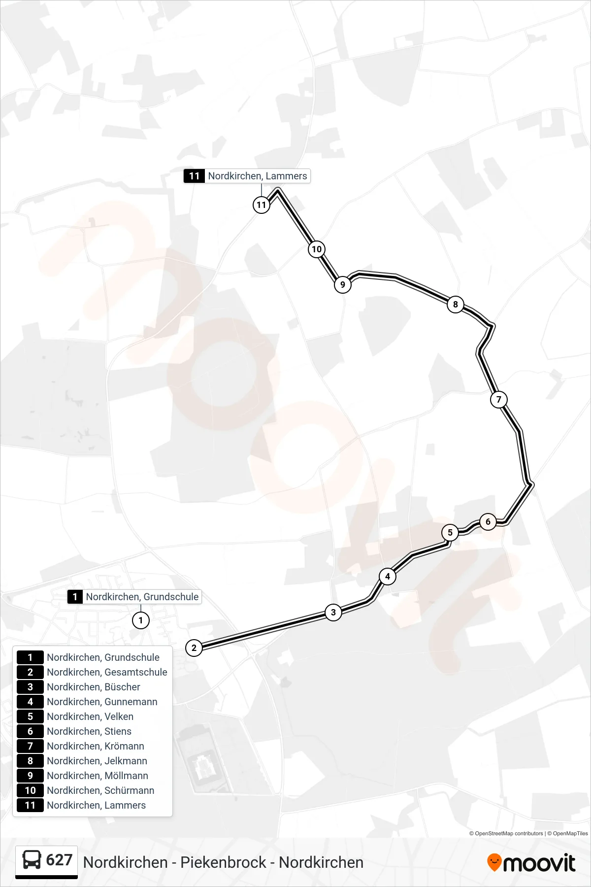 627 bus Line (Nordkirchen, Lammers) route and stops on a map