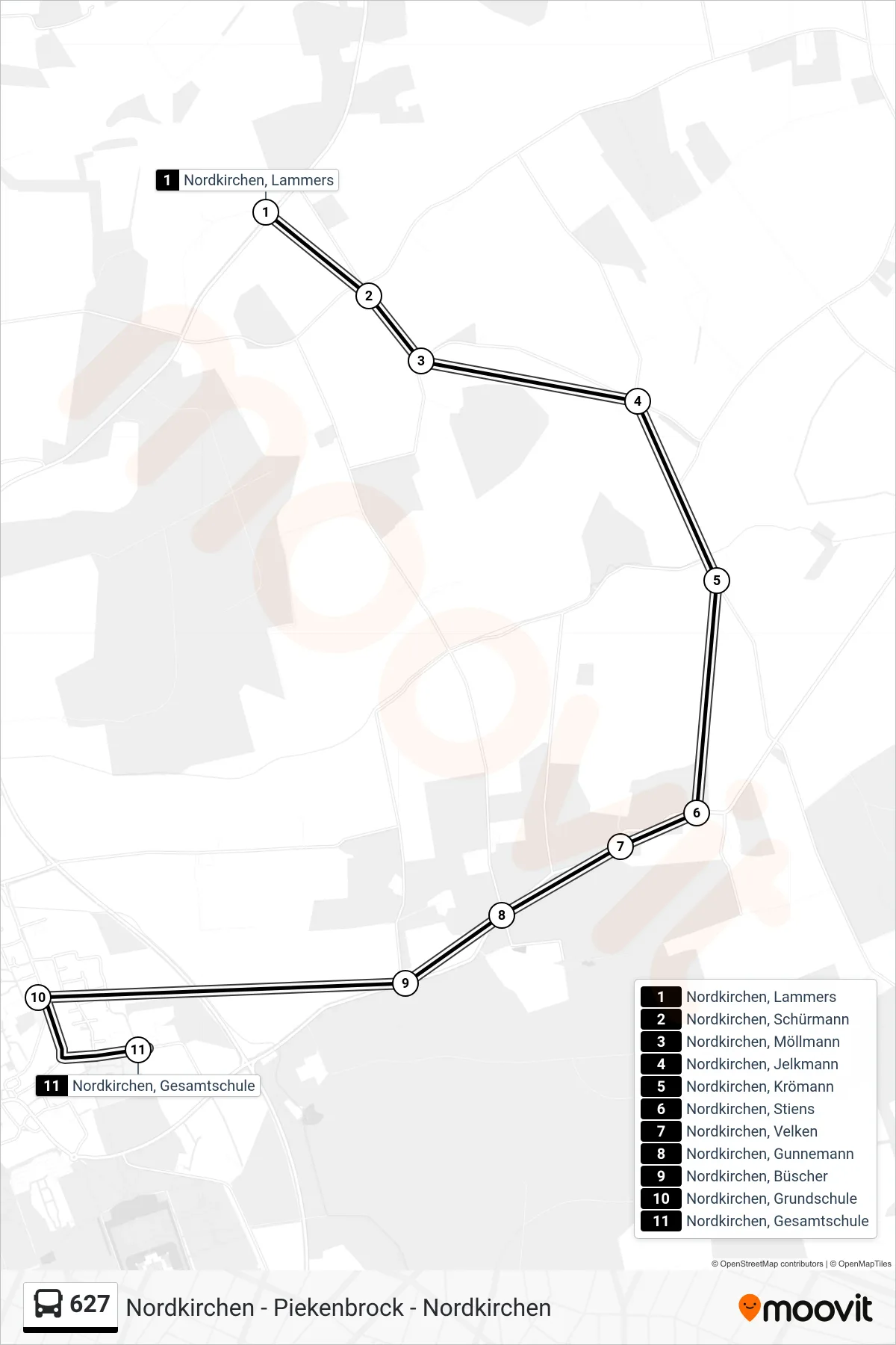 Linie 627 (Bus) Richtung Nordkirchen, Gesamtschule: Route und Haltestellen auf der Karte