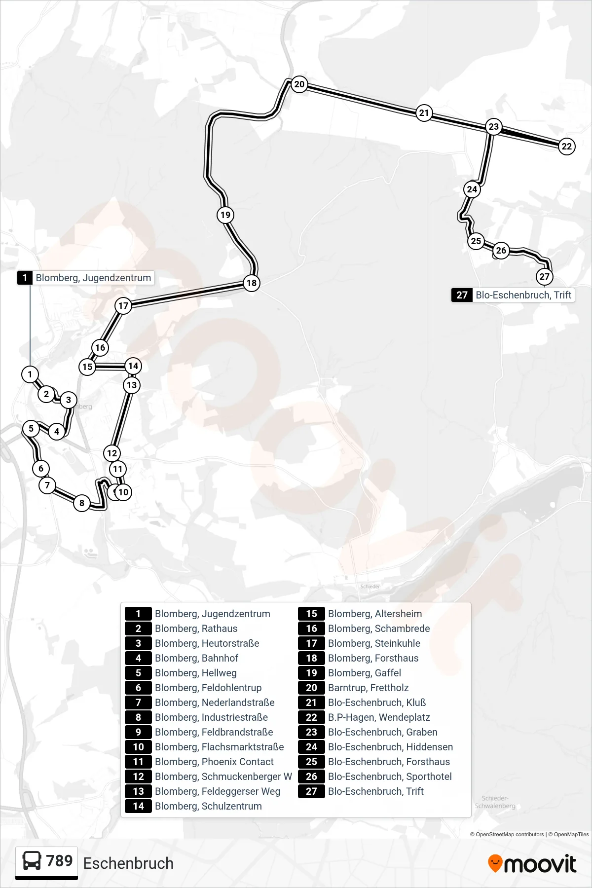 789 bus Line (Eschenbruch) route and stops on a map