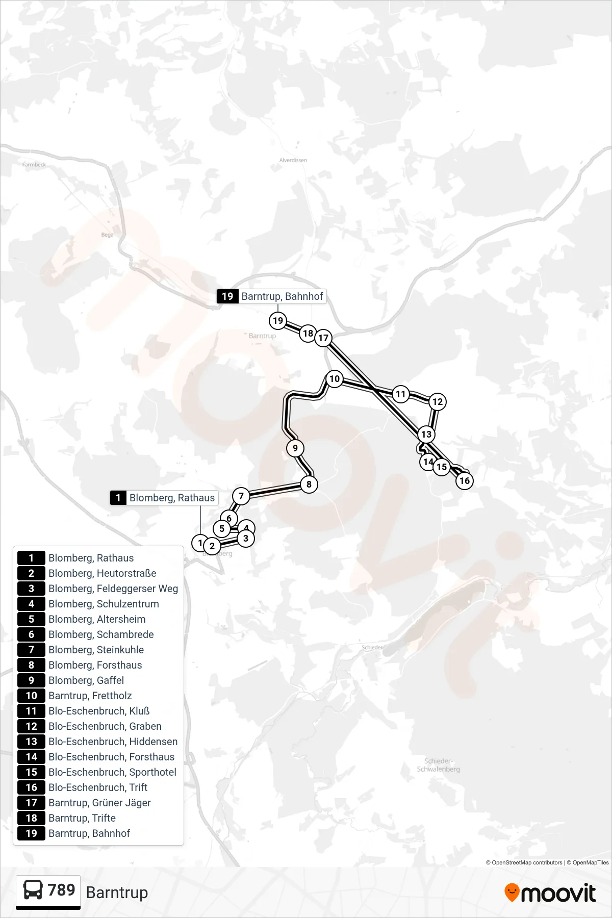 789 bus Line (Barntrup) route and stops on a map