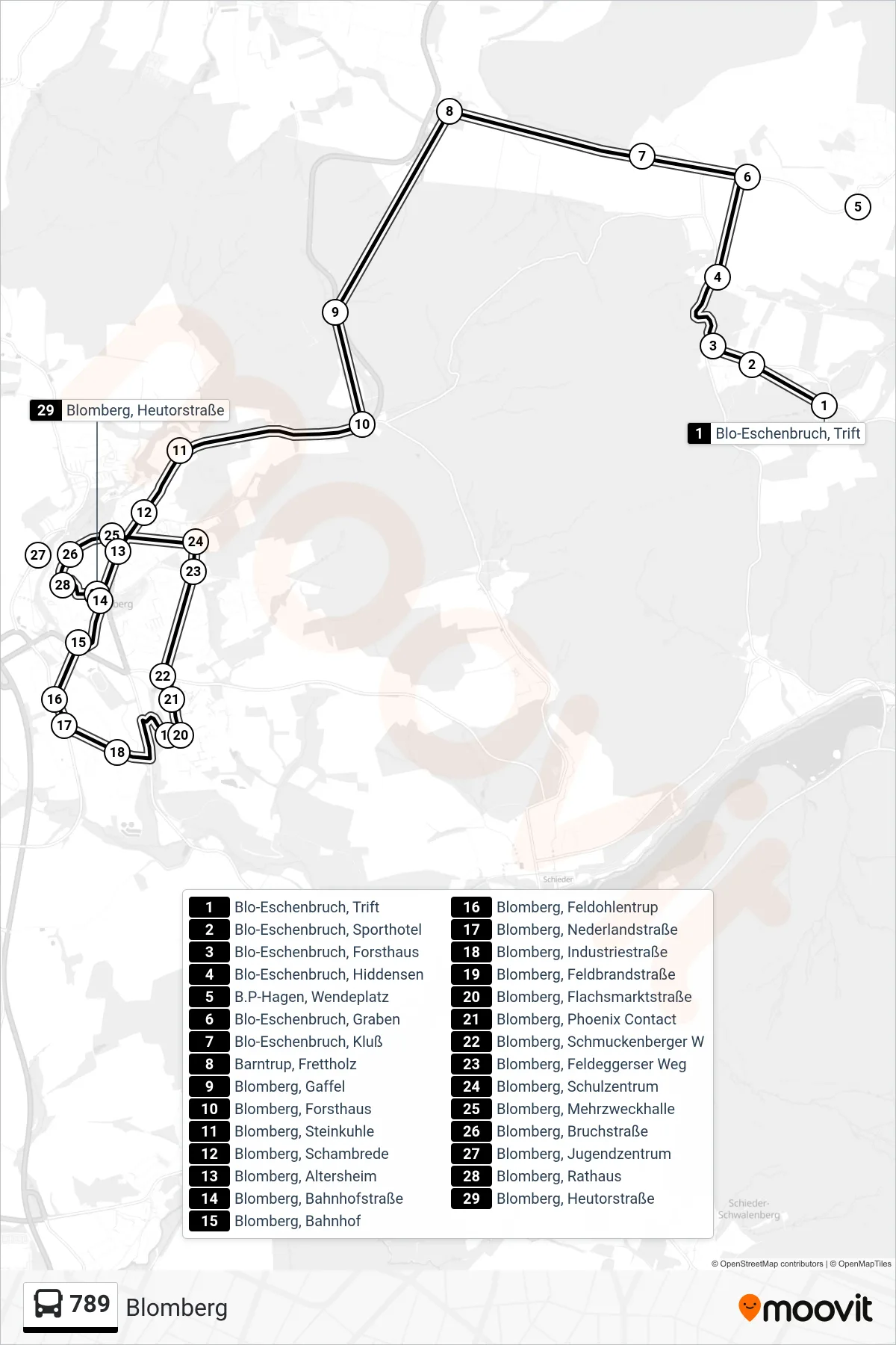 789 bus Line (Blomberg) route and stops on a map