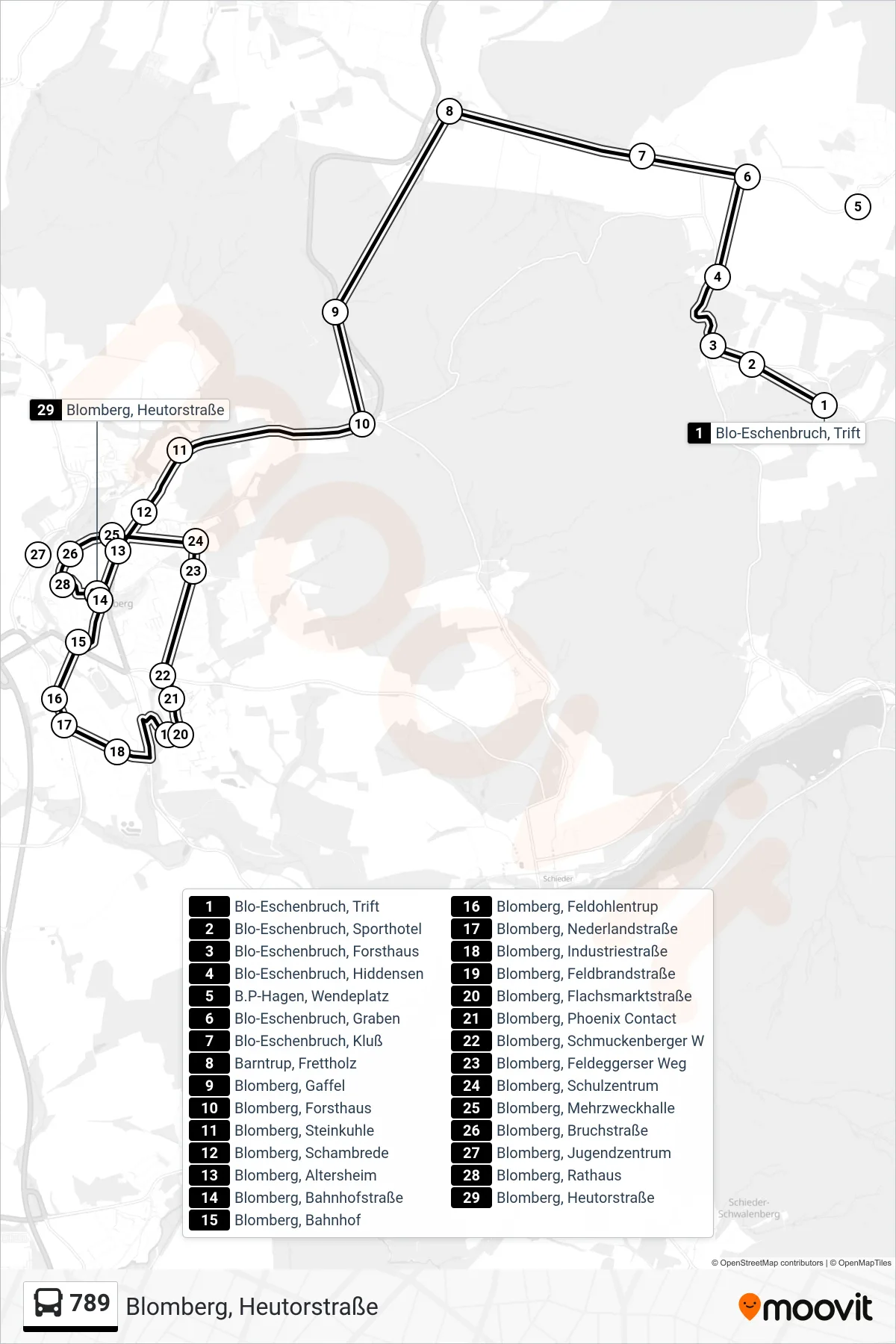 789 bus Line (Blomberg, Heutorstraße) route and stops on a map