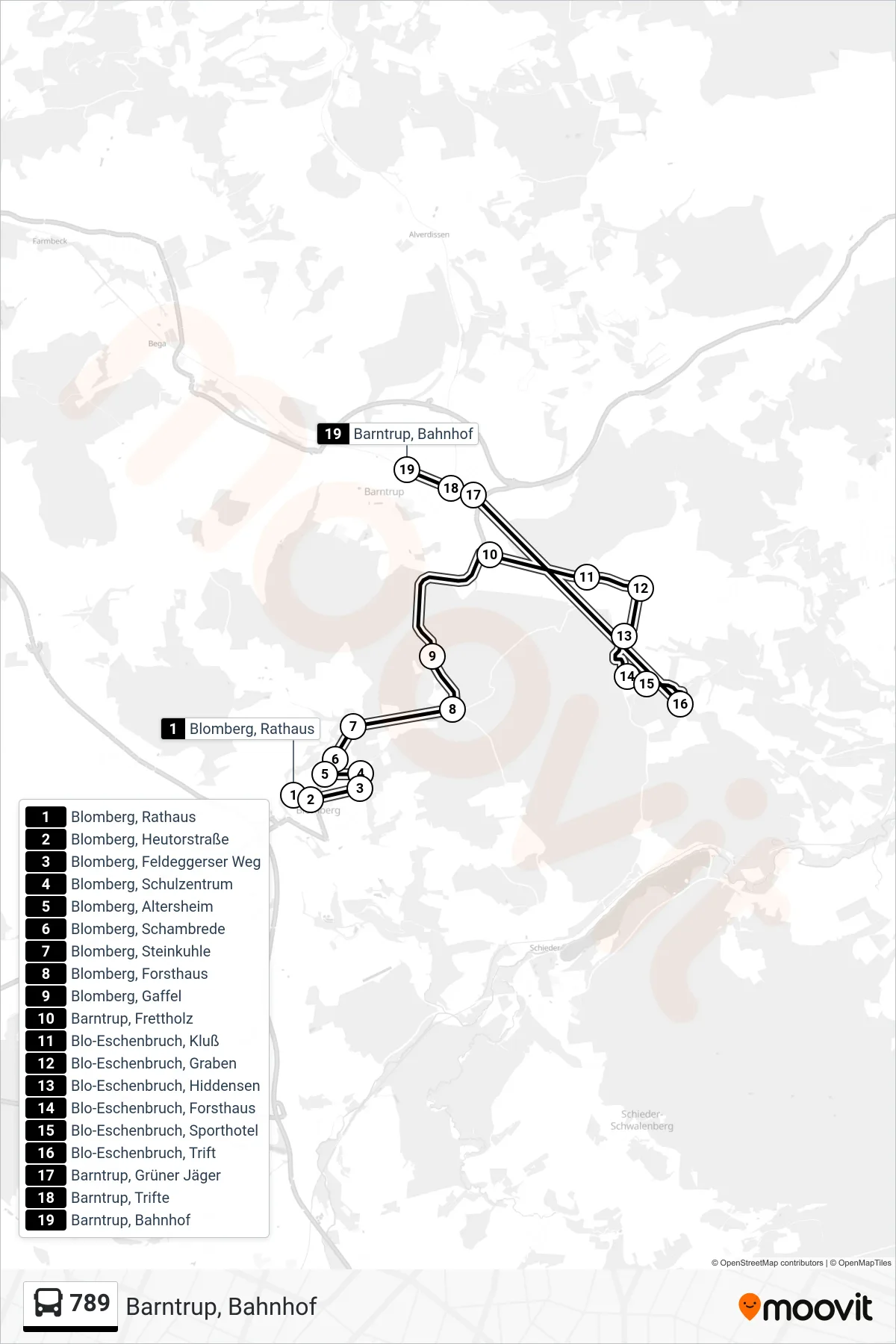 789 bus Line (Barntrup, Bahnhof) route and stops on a map