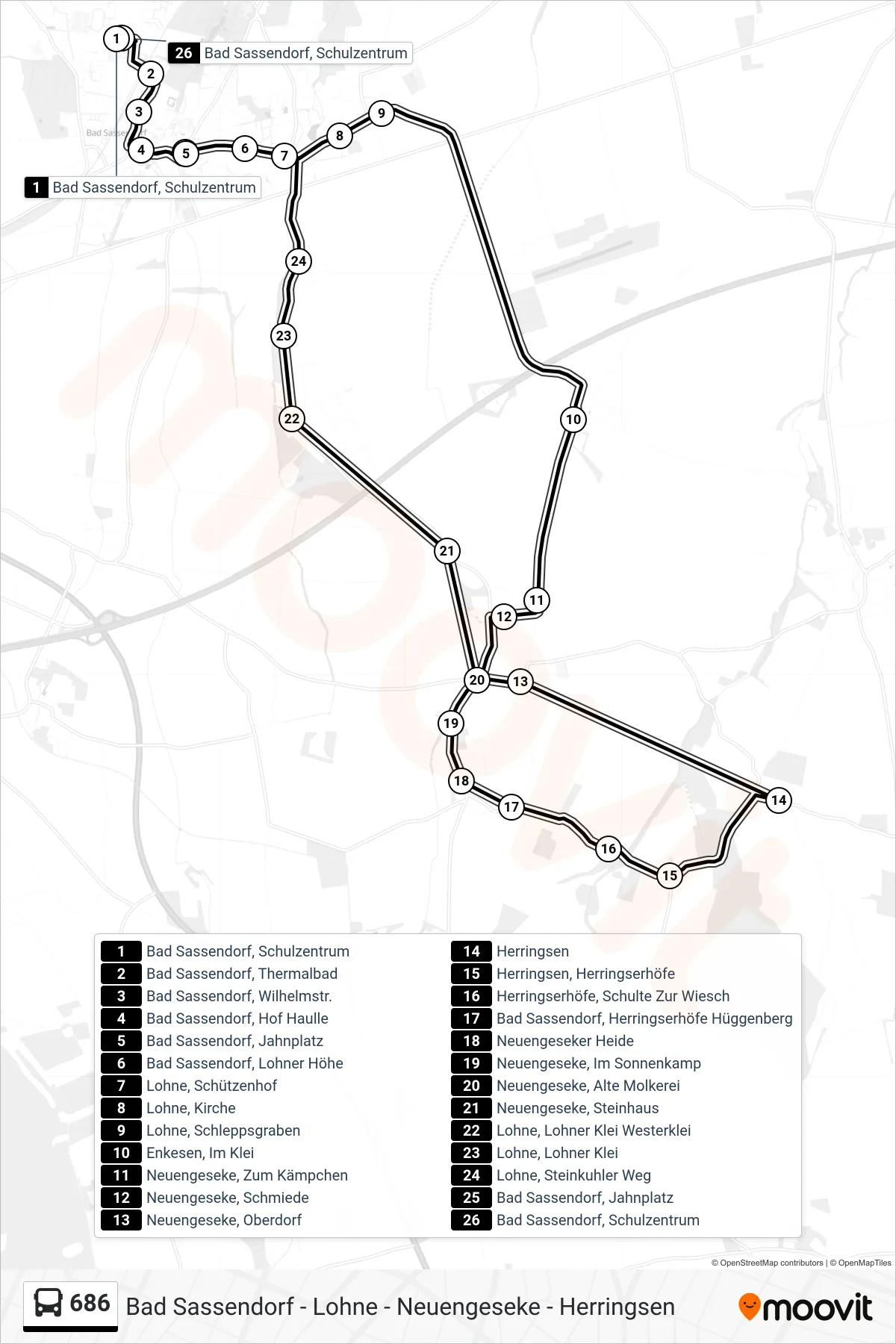 Linie 686 (Bus) Richtung Schulzentrum: Route und Haltestellen auf der Karte