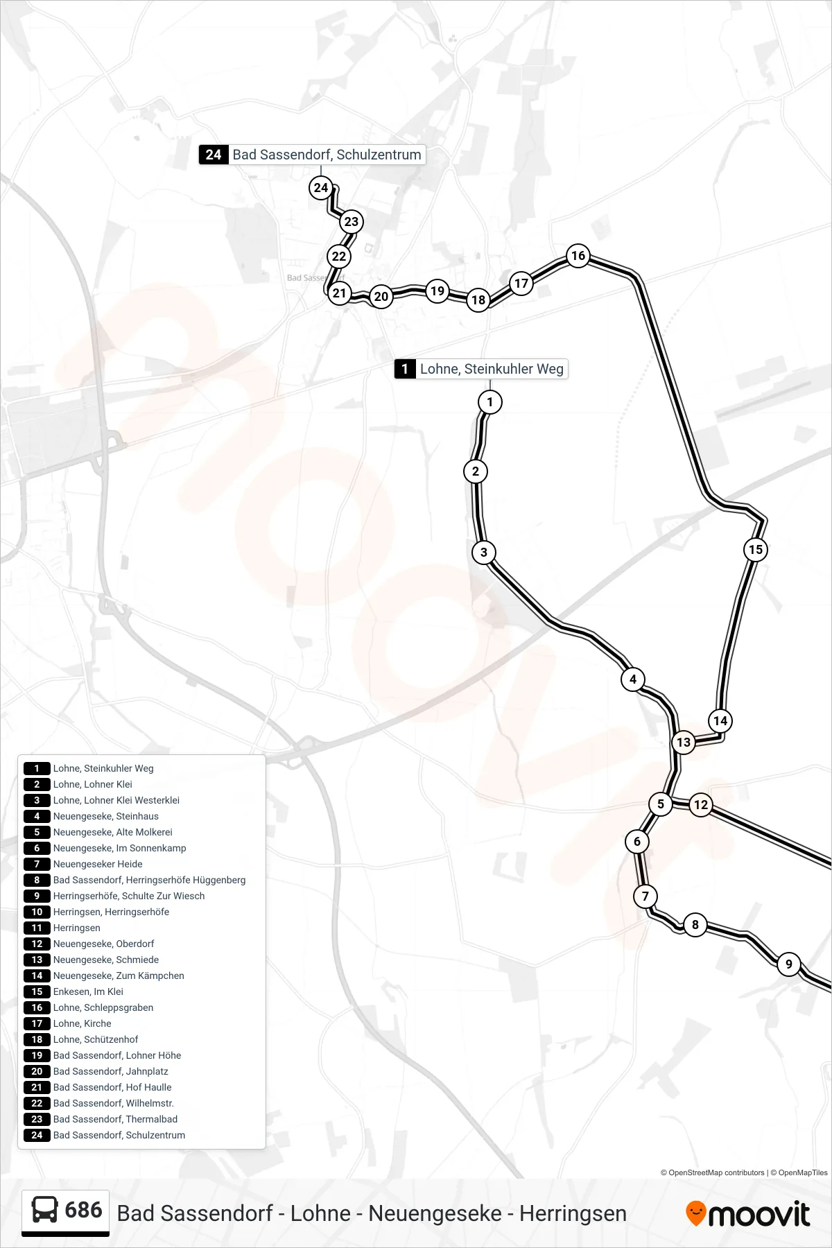 686 bus Line (Schulzentrum) route and stops on a map