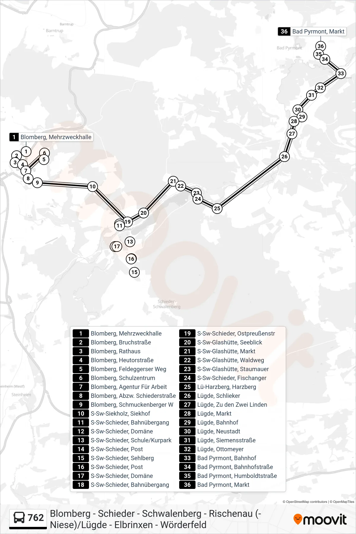 762 bus Line (Bad Pyrmont) route and stops on a map