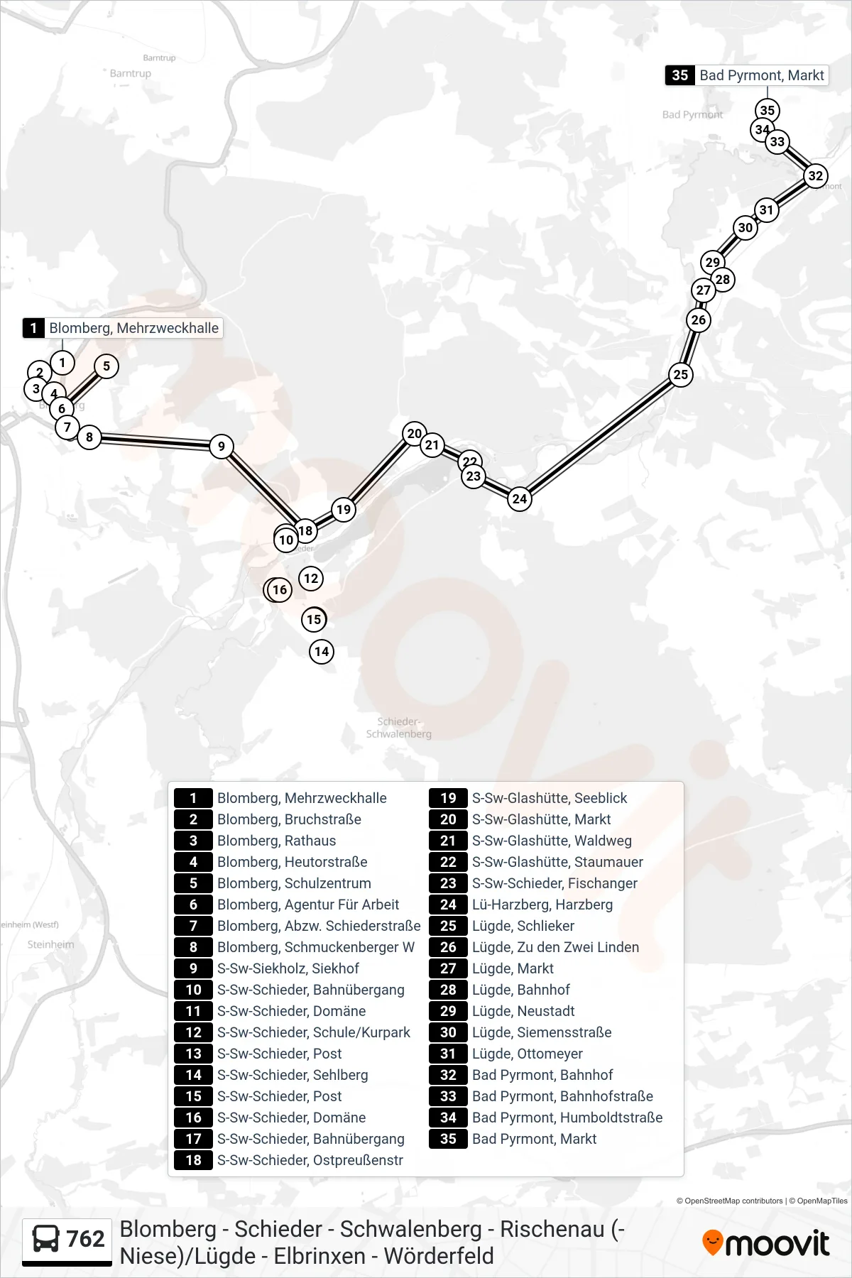 762 bus Line (Bad Pyrmont, Markt) route and stops on a map