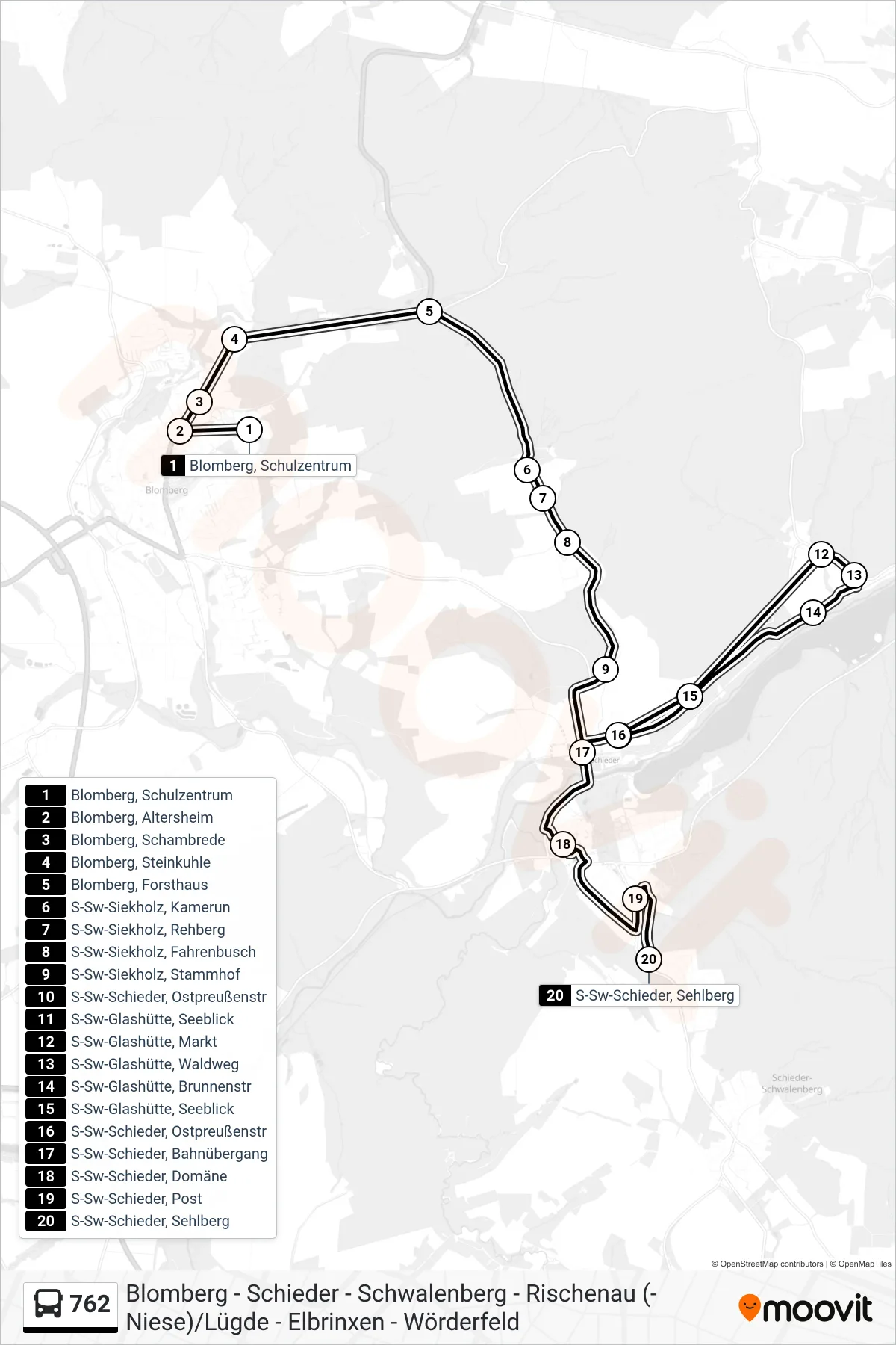 762 bus Line (S-Sw-Schieder, Sehlberg) route and stops on a map