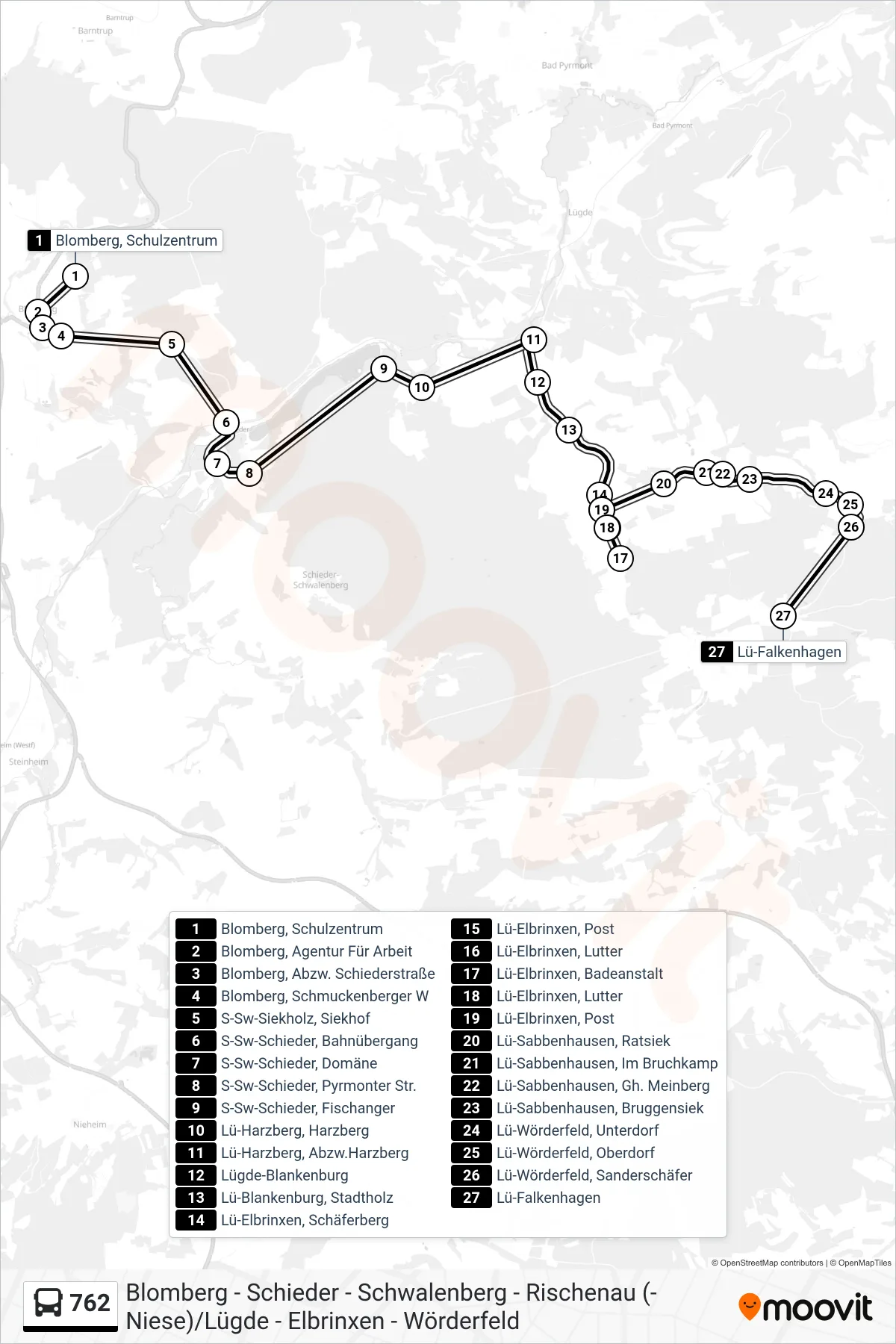 762 bus Line (Lü-Falkenhagen) route and stops on a map