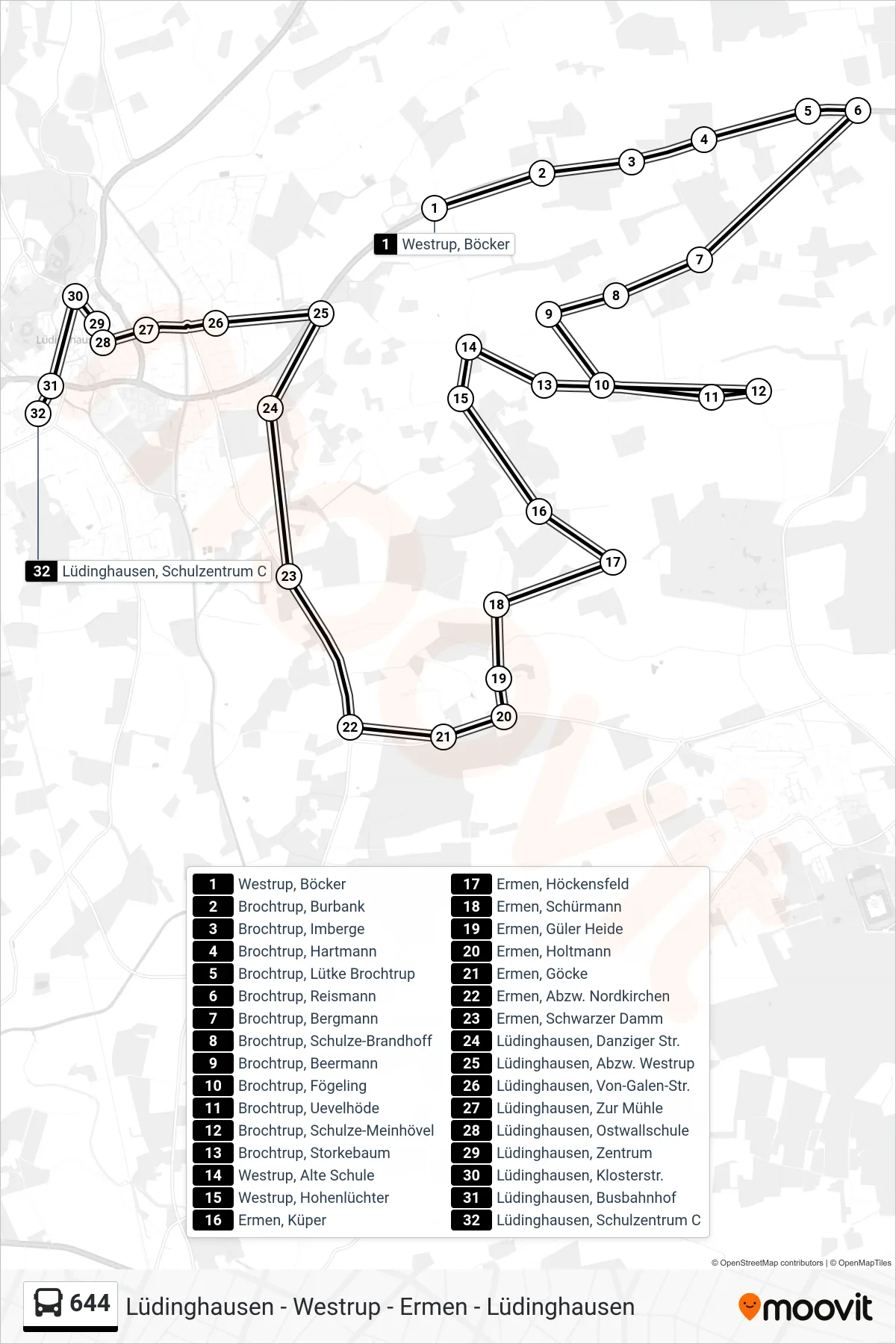 Linie 644 (Bus) Richtung Lüdinghausen, Schulzentrum C: Route und Haltestellen auf der Karte