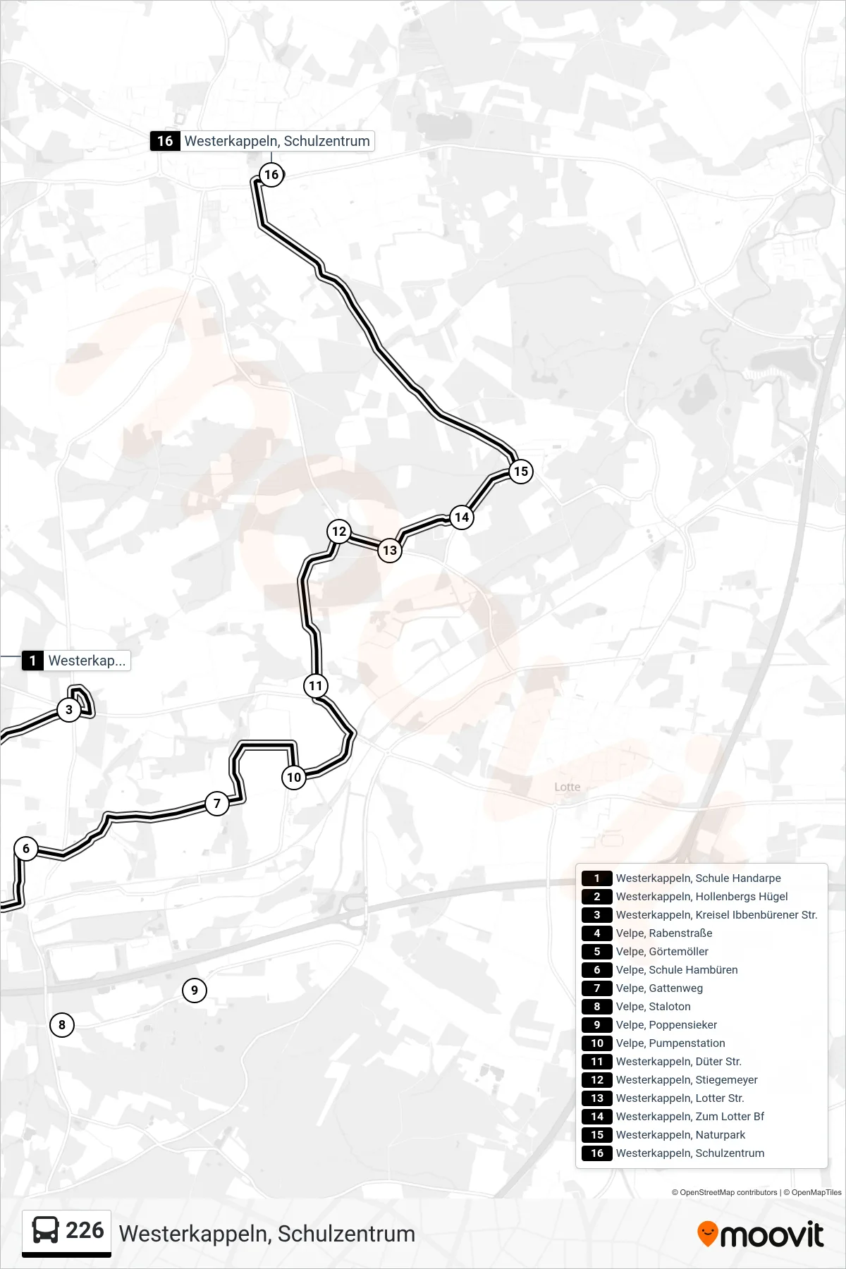 226 bus Line (Westerkappeln, Schulzentrum) route and stops on a map