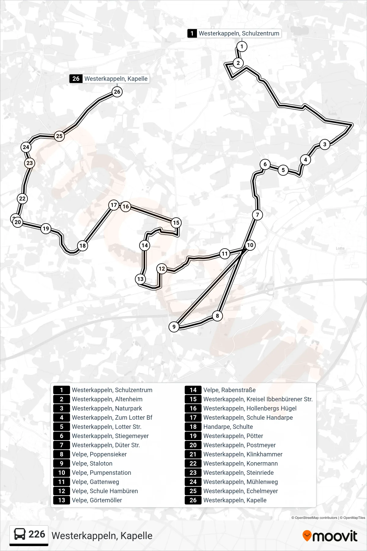 226 bus Line (Westerkappeln, Kapelle) route and stops on a map