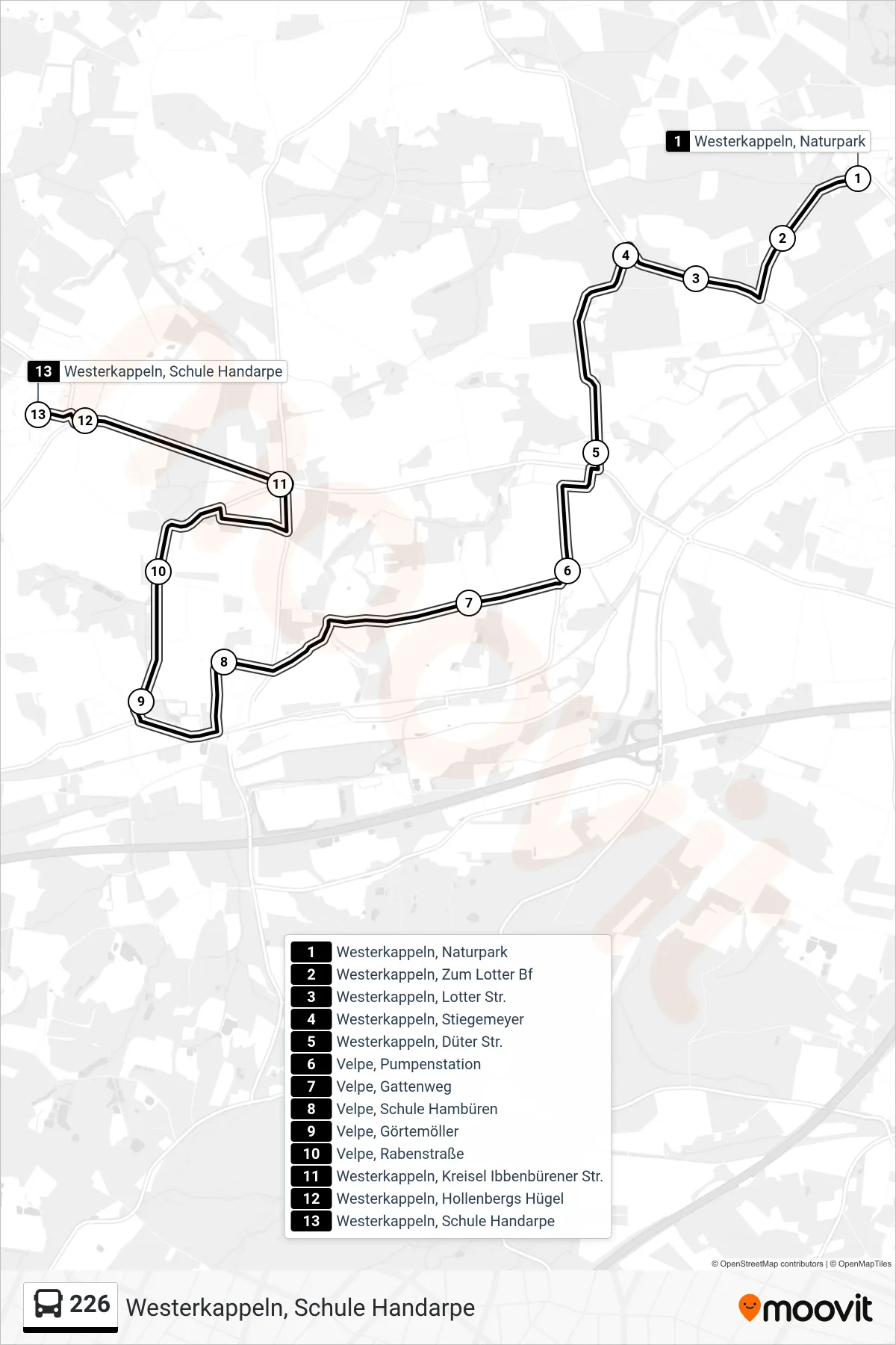 Linie 226 (Bus) Richtung Westerkappeln, Schule Handarpe: Route und Haltestellen auf der Karte