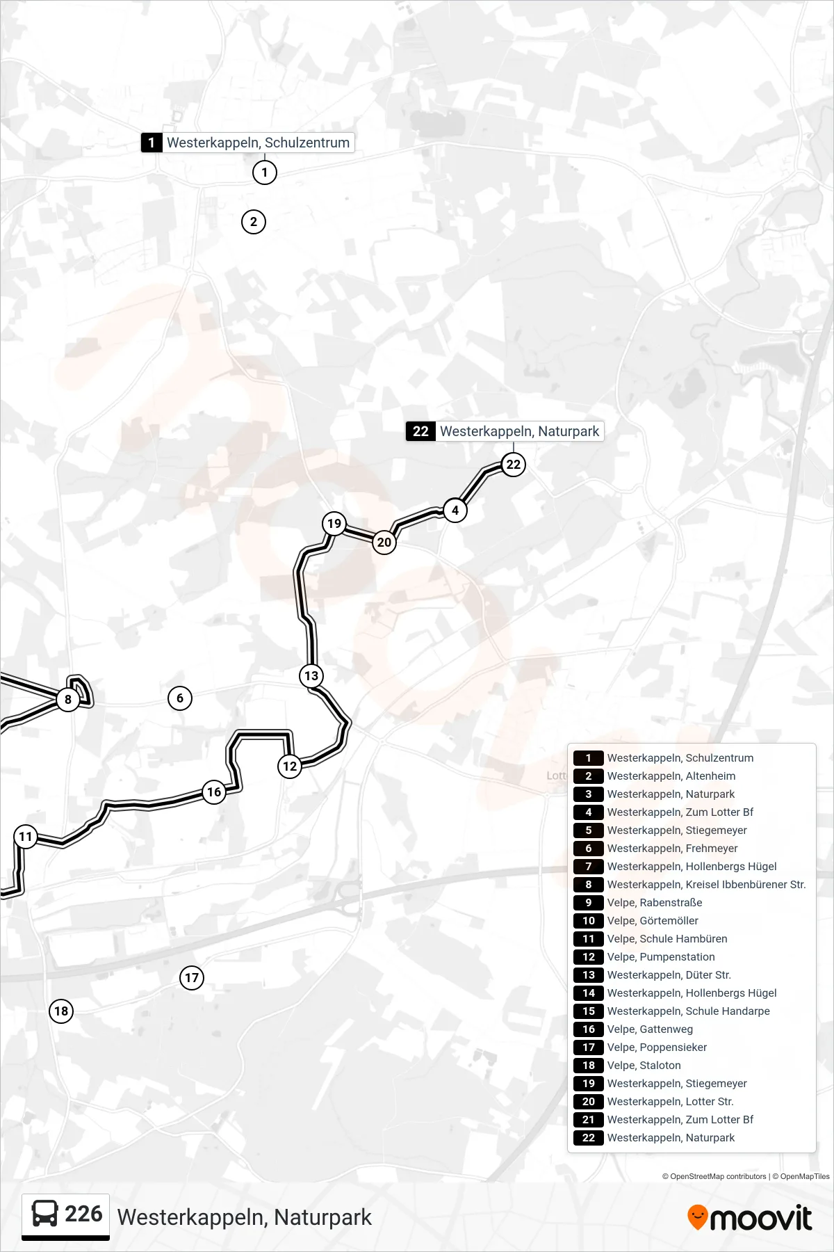 226 bus Line (Westerkappeln, Naturpark) route and stops on a map