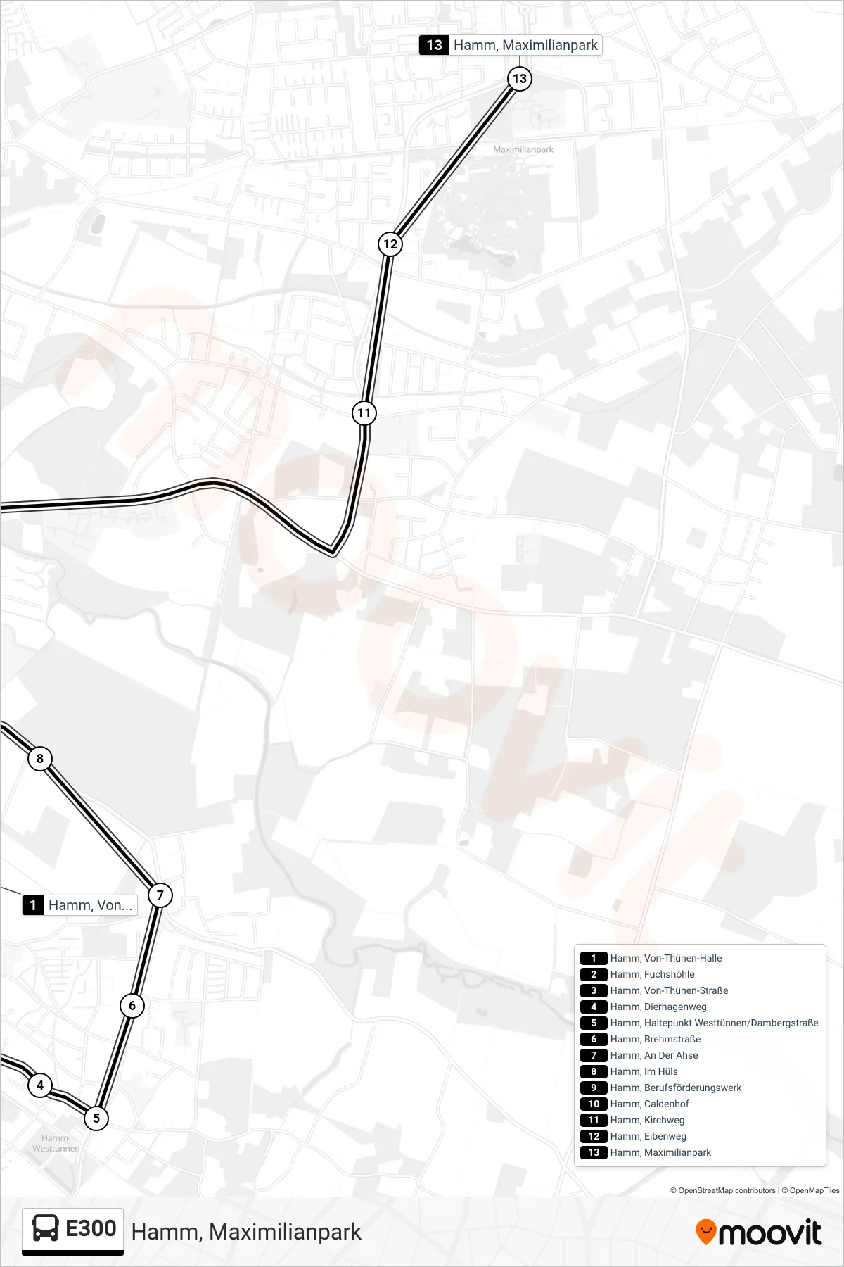 Linie E300 (Bus) Richtung Hamm, Maximilianpark: Route und Haltestellen auf der Karte