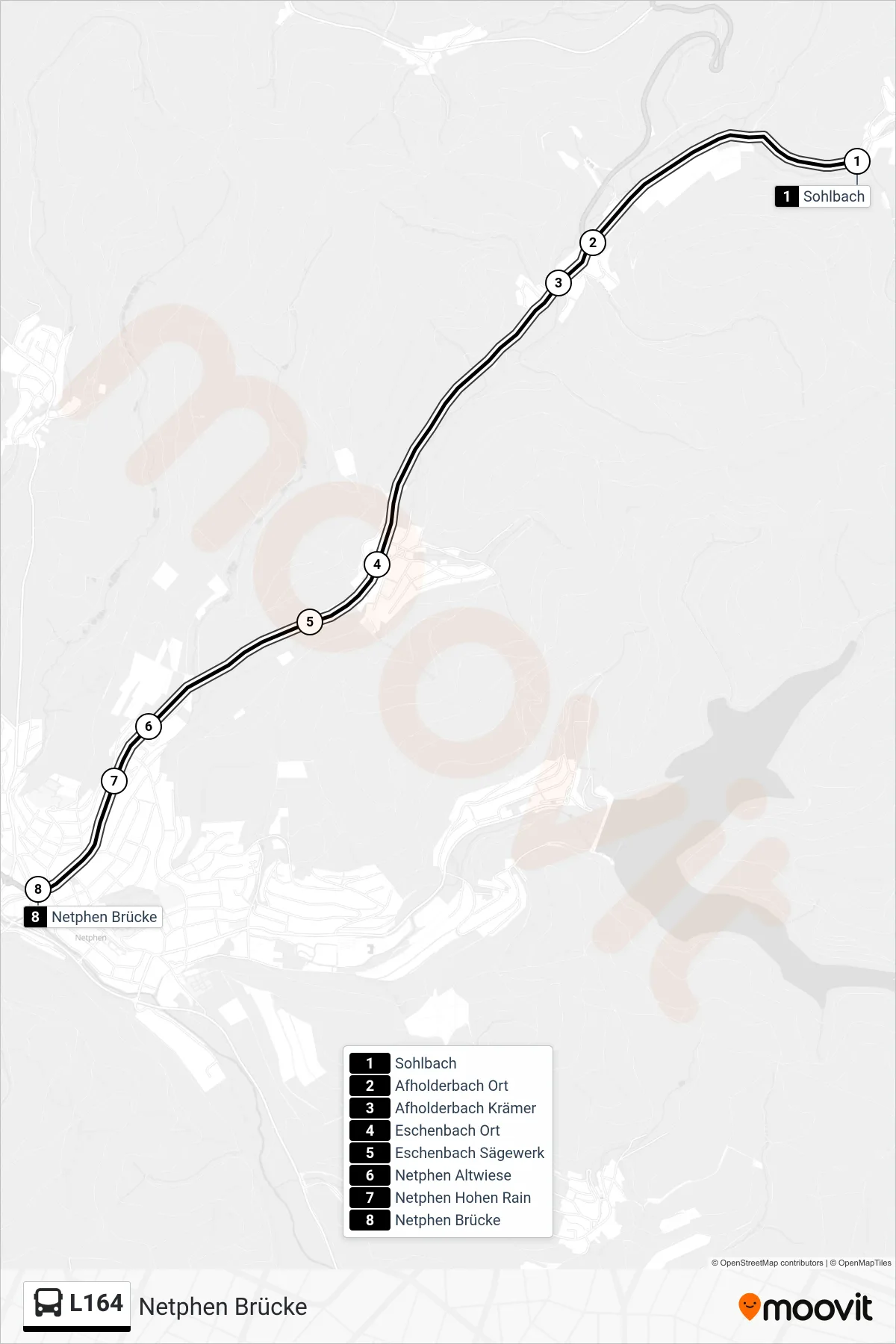 L164 bus Line (Netphen Brücke) route and stops on a map