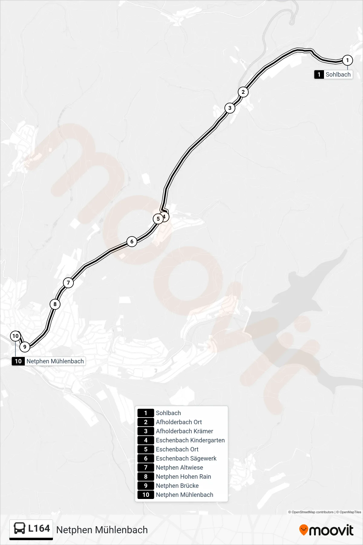 L164 bus Line (Netphen Mühlenbach) route and stops on a map