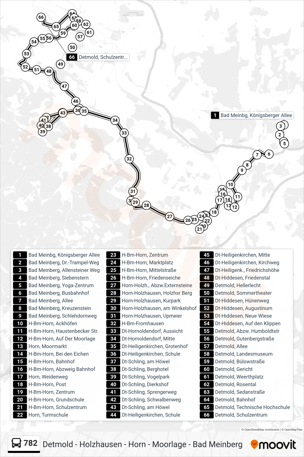 782 bus Line (Detmold) route and stops on a map