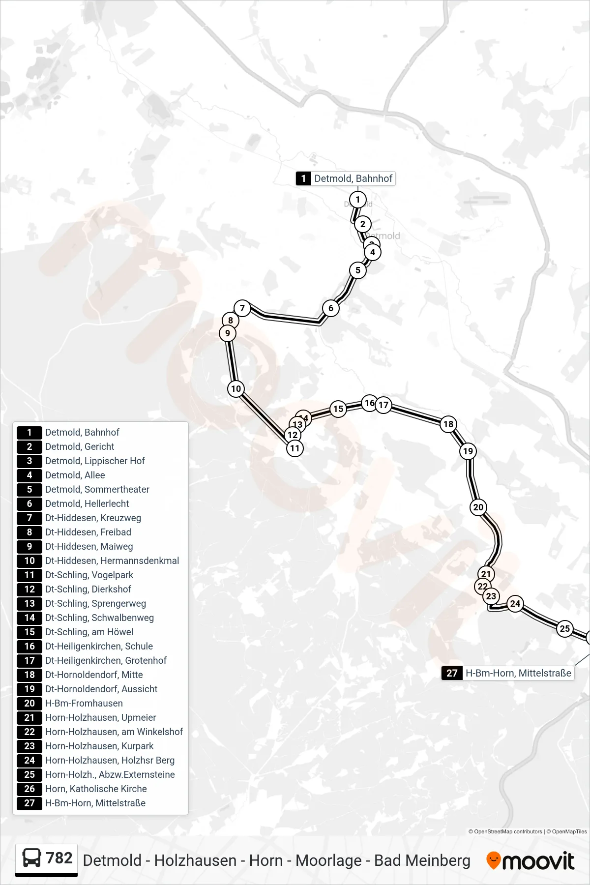 782 bus Line (Horn) route and stops on a map
