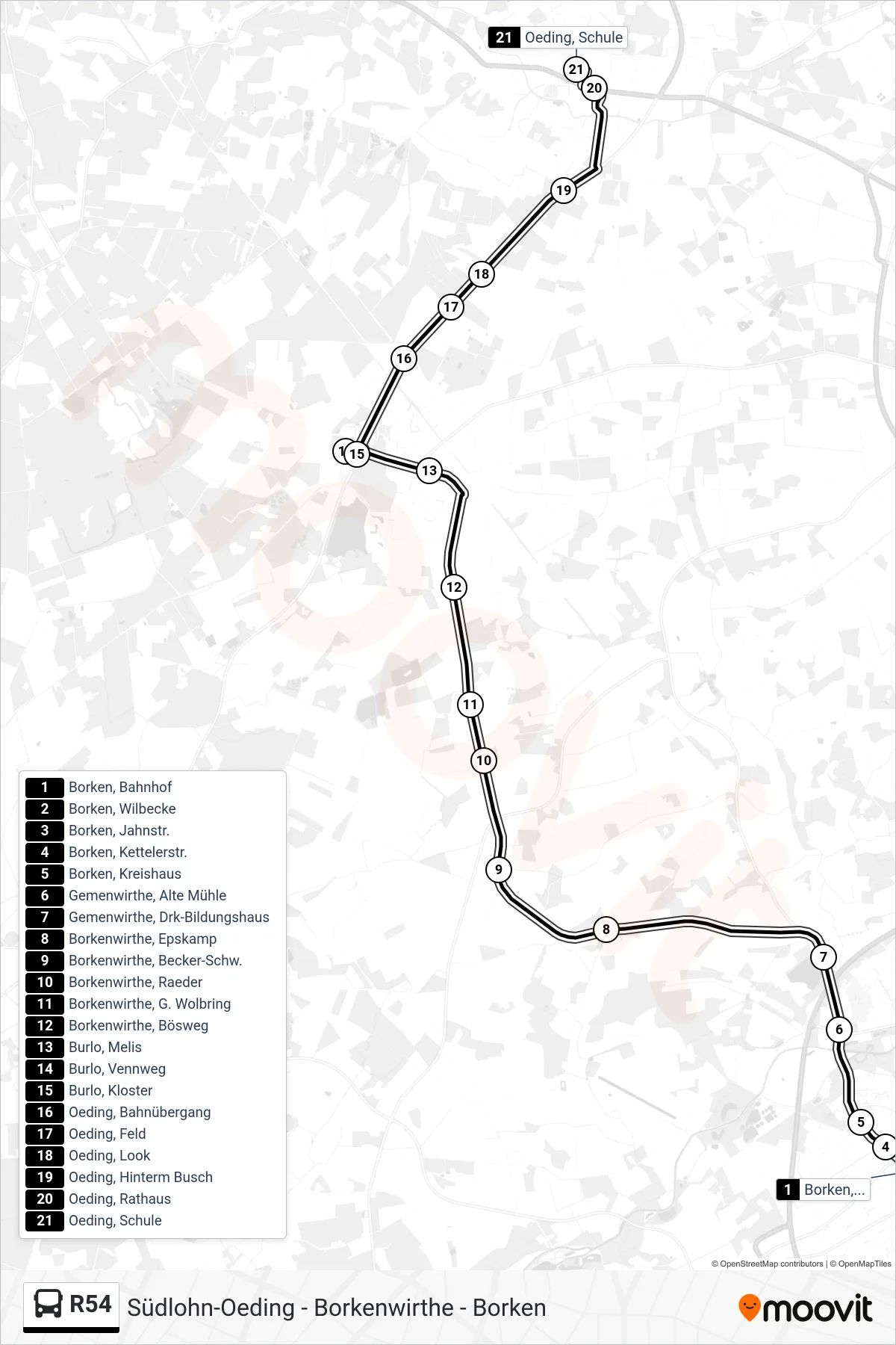R54 tram Line (Oeding, Schule) route and stops on a map