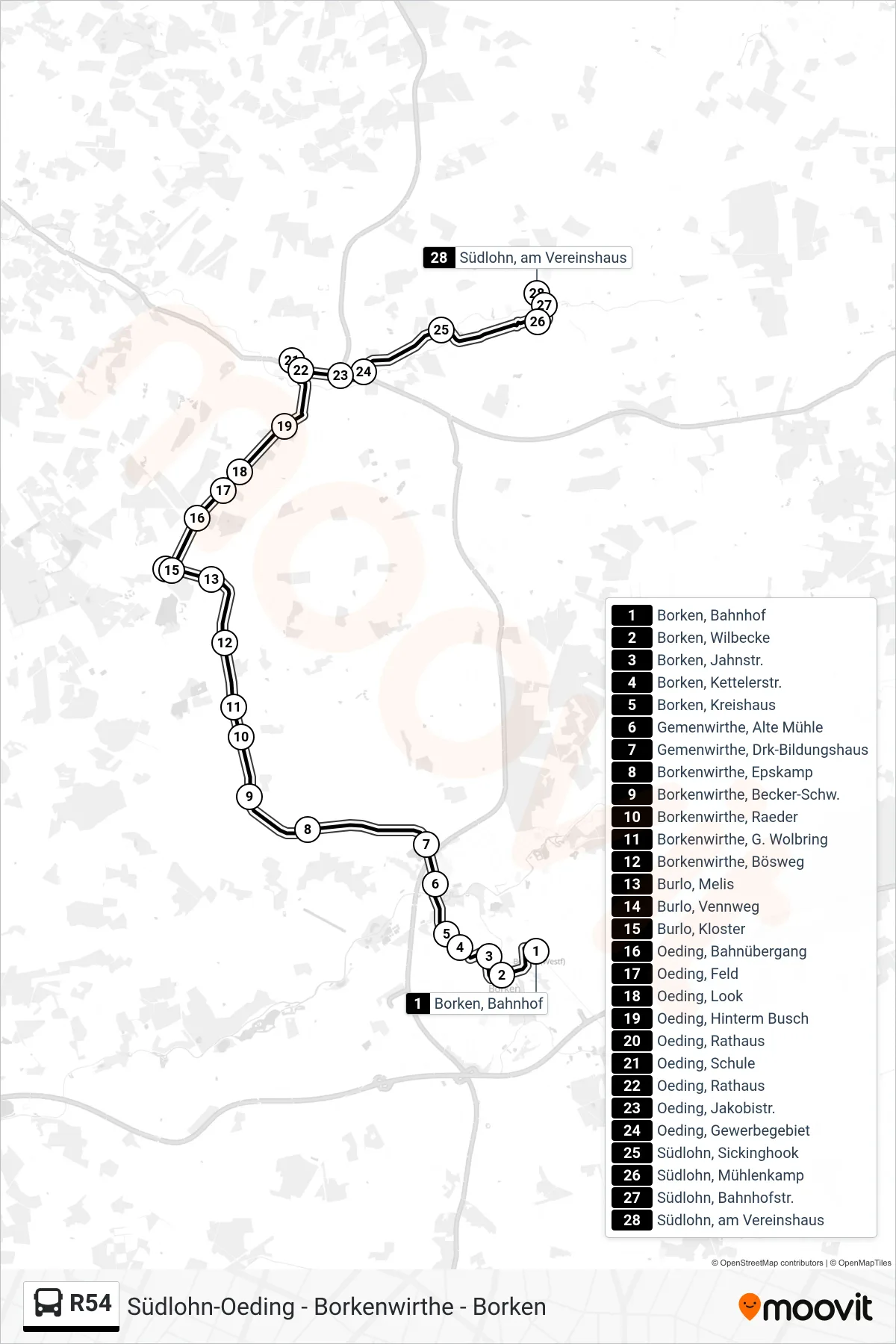 R54 tram Line (Südlohn, am Vereinshaus) route and stops on a map