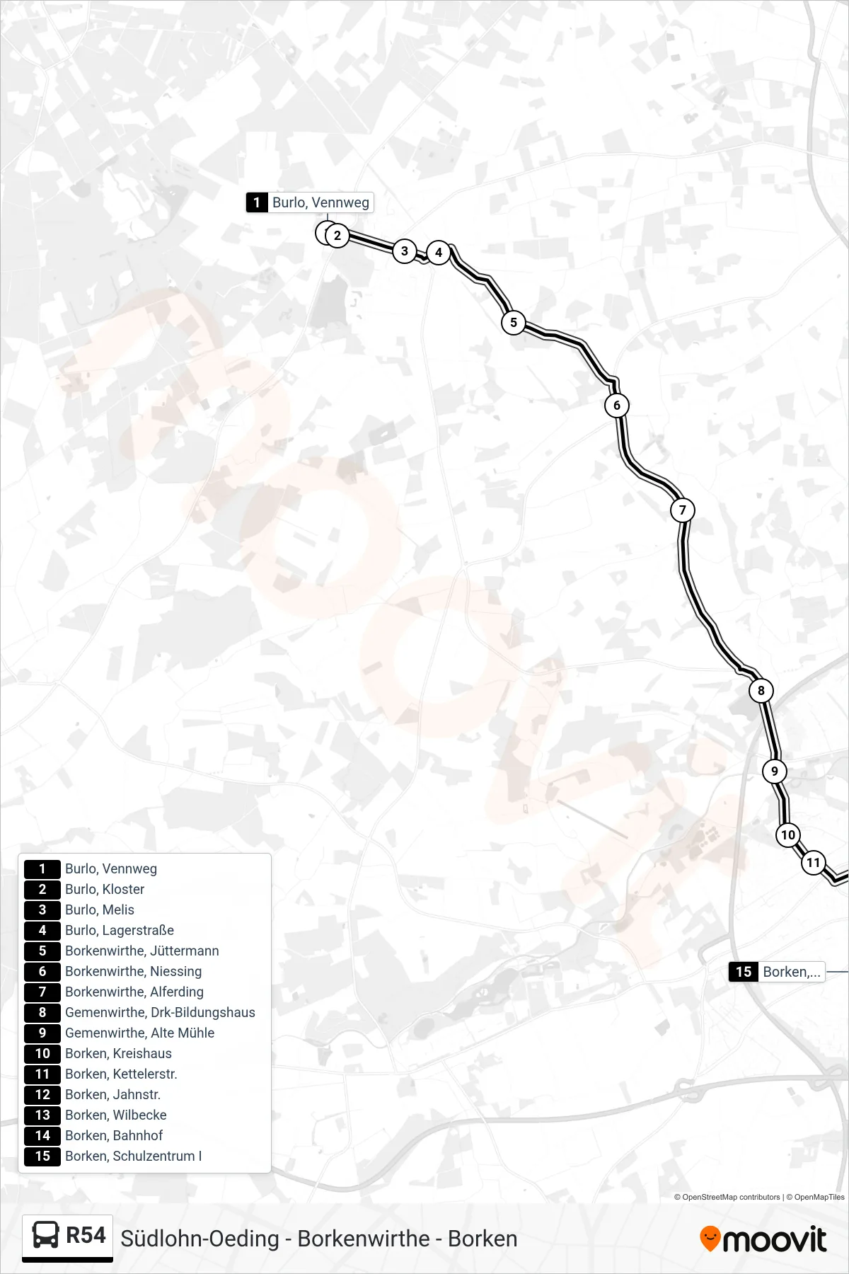 R54 tram Line (Borken, Schulzentrum I) route and stops on a map