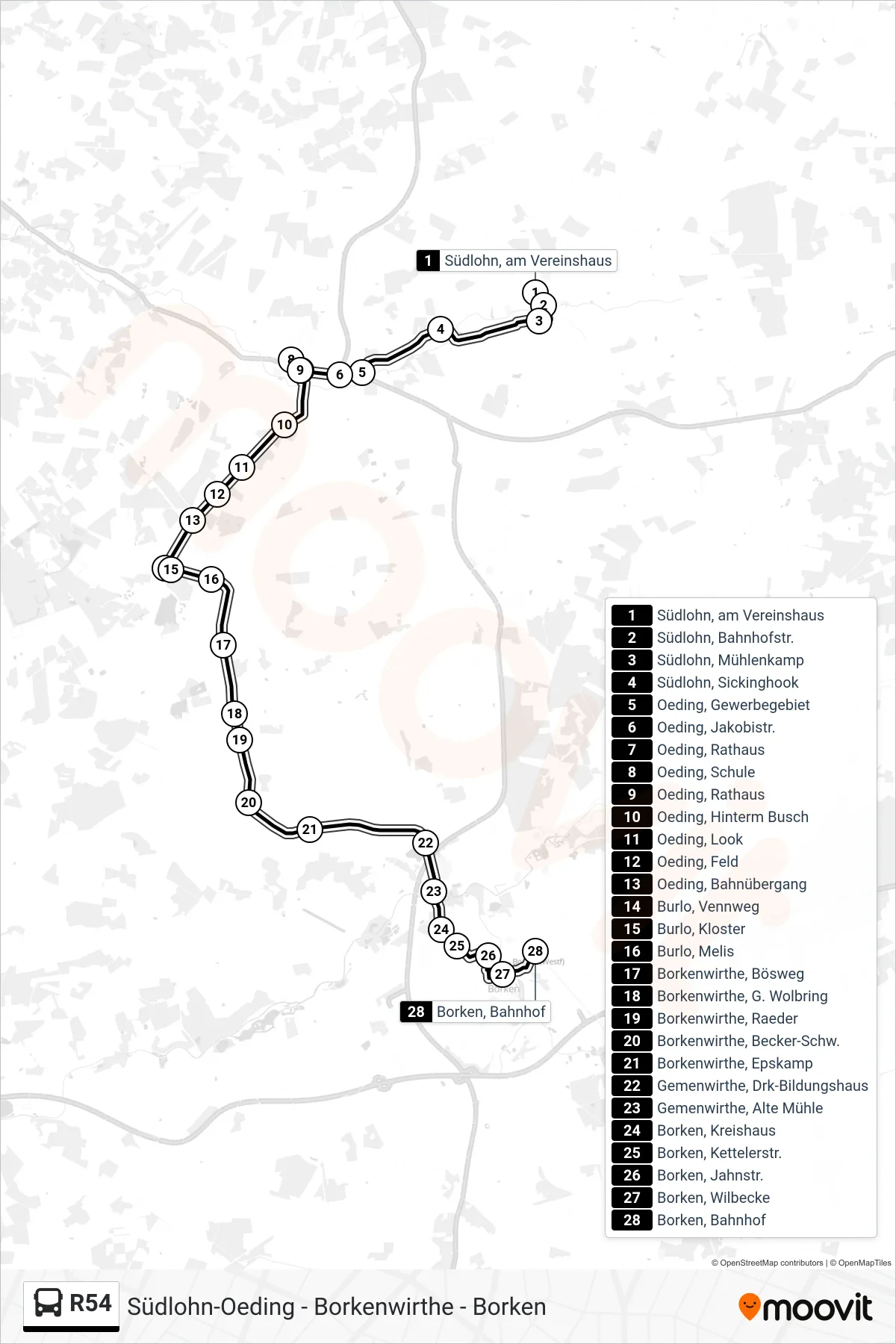 R54 tram Line (Borken, Bahnhof Bstg 2) route and stops on a map