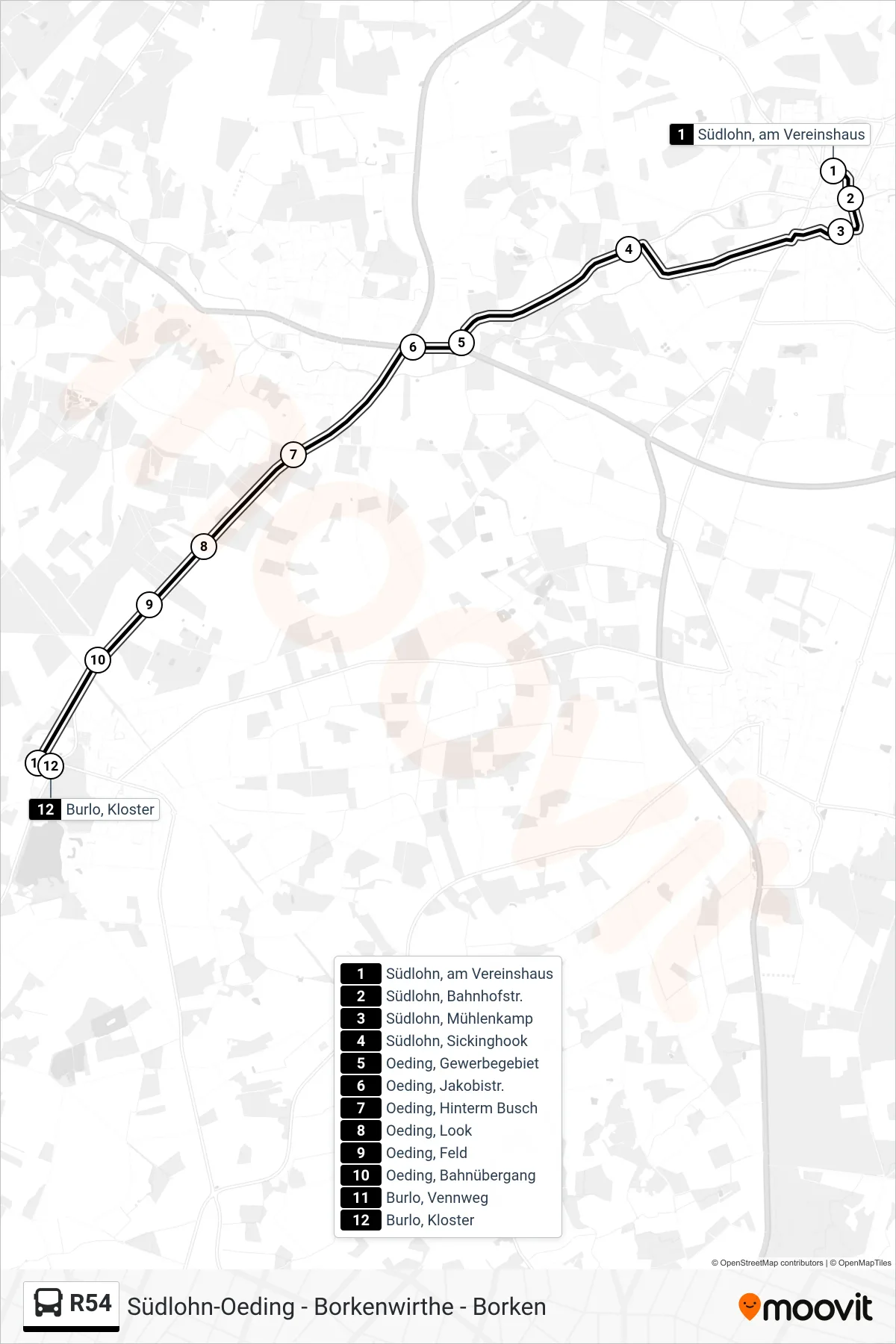 R54 tram Line (Burlo, Kloster) route and stops on a map