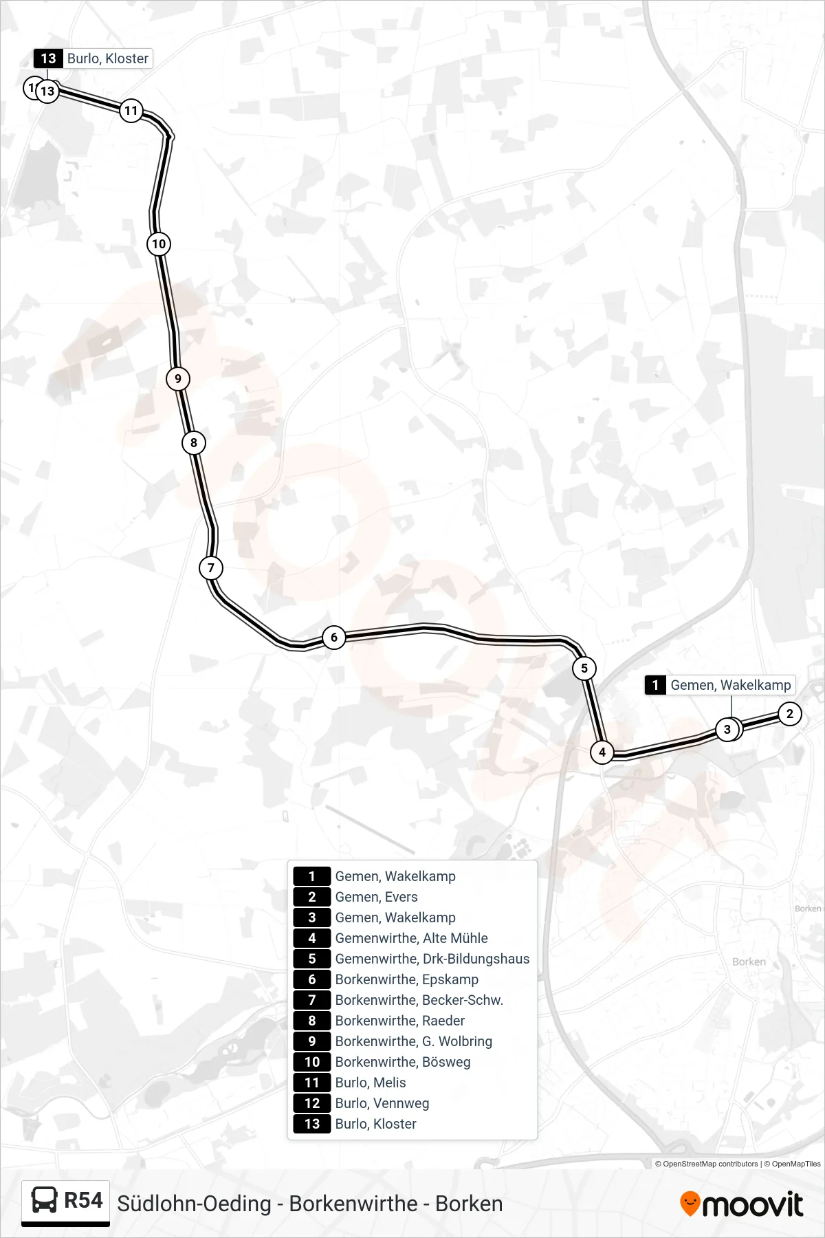R54 tram Line (Burlo, Kloster) route and stops on a map