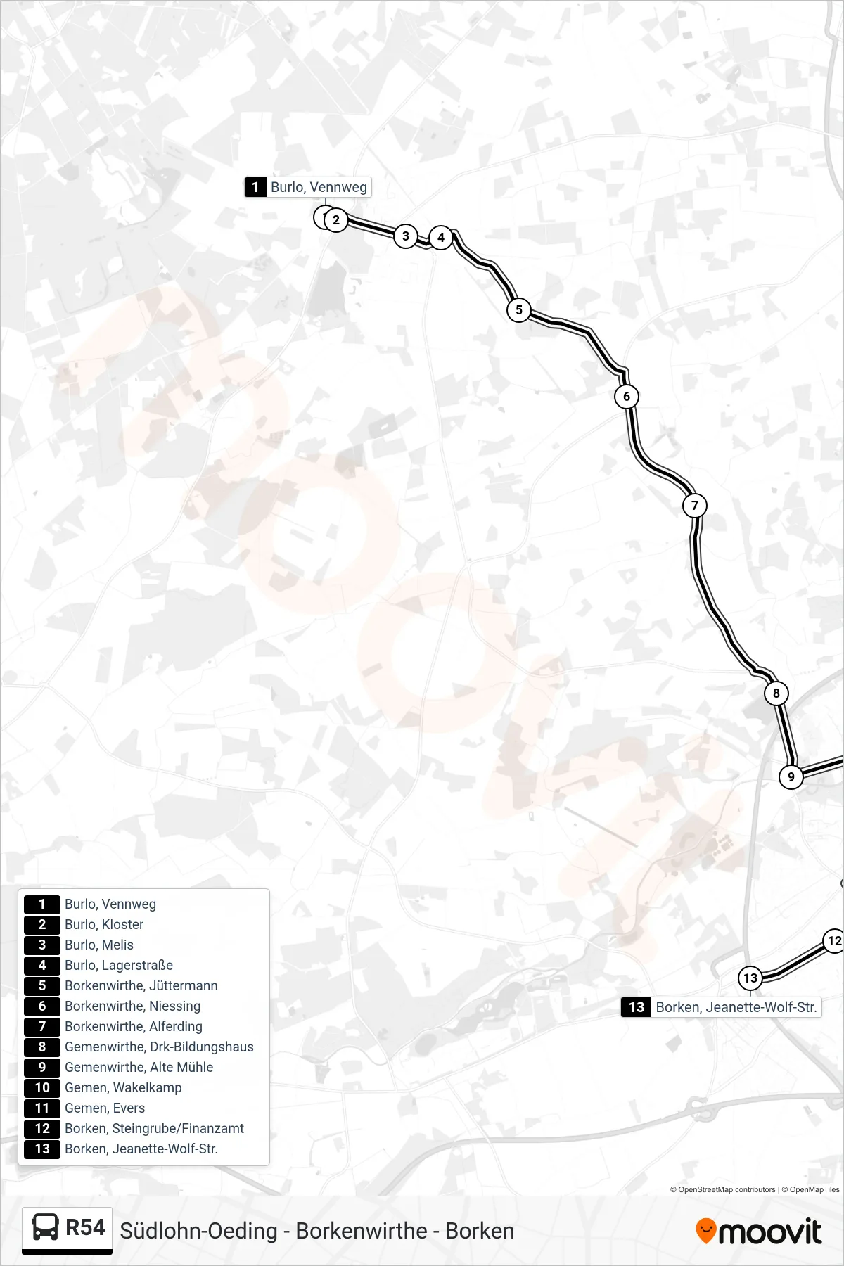 R54 tram Line (Borken, Jeanette-Wolf-Str.) route and stops on a map