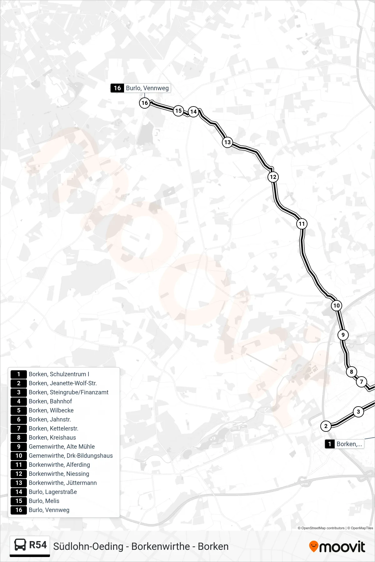 R54 tram Line (Burlo, Vennweg) route and stops on a map