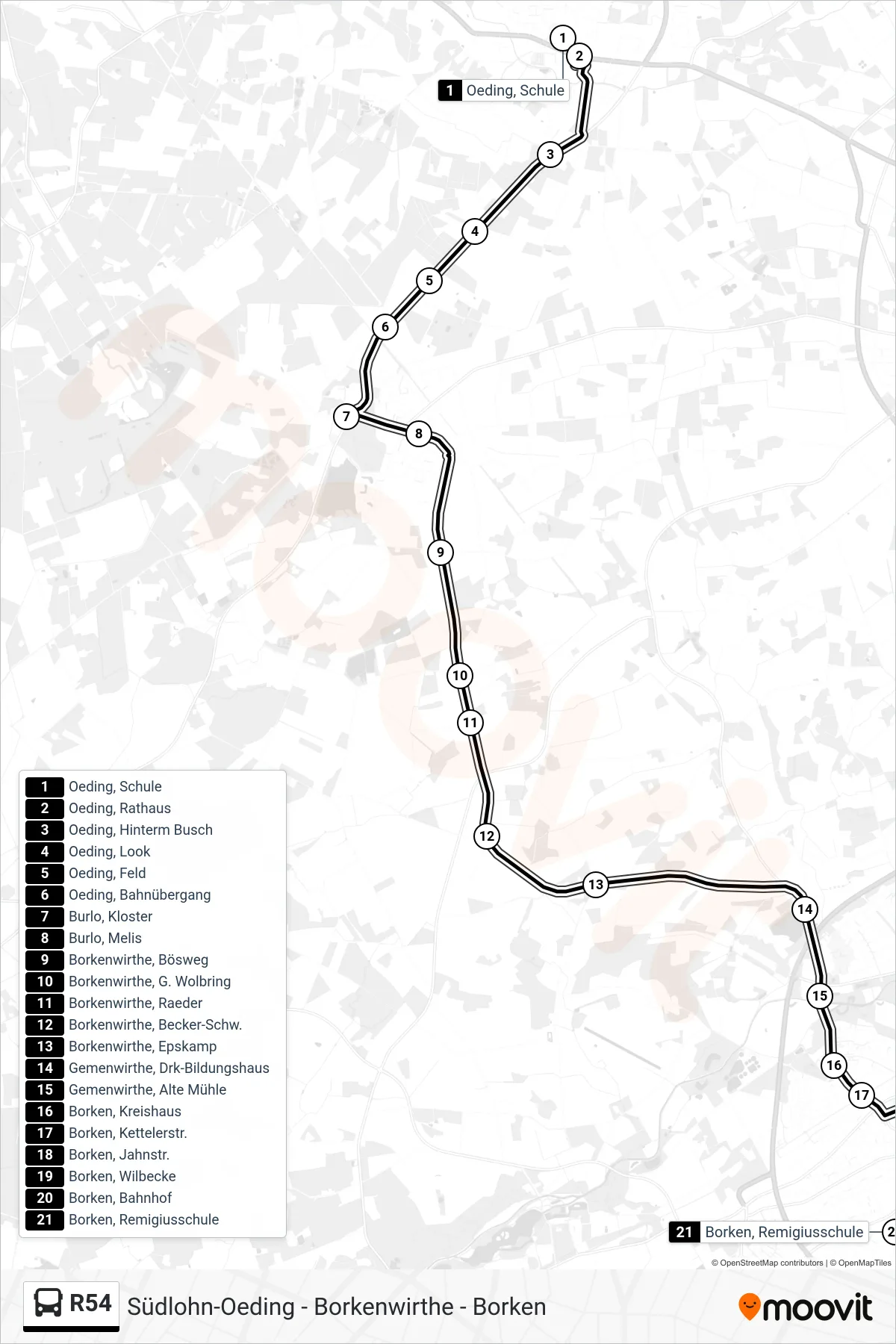 Linie R54 (Tram) Richtung Borken, Remigiusschule: Route und Haltestellen auf der Karte