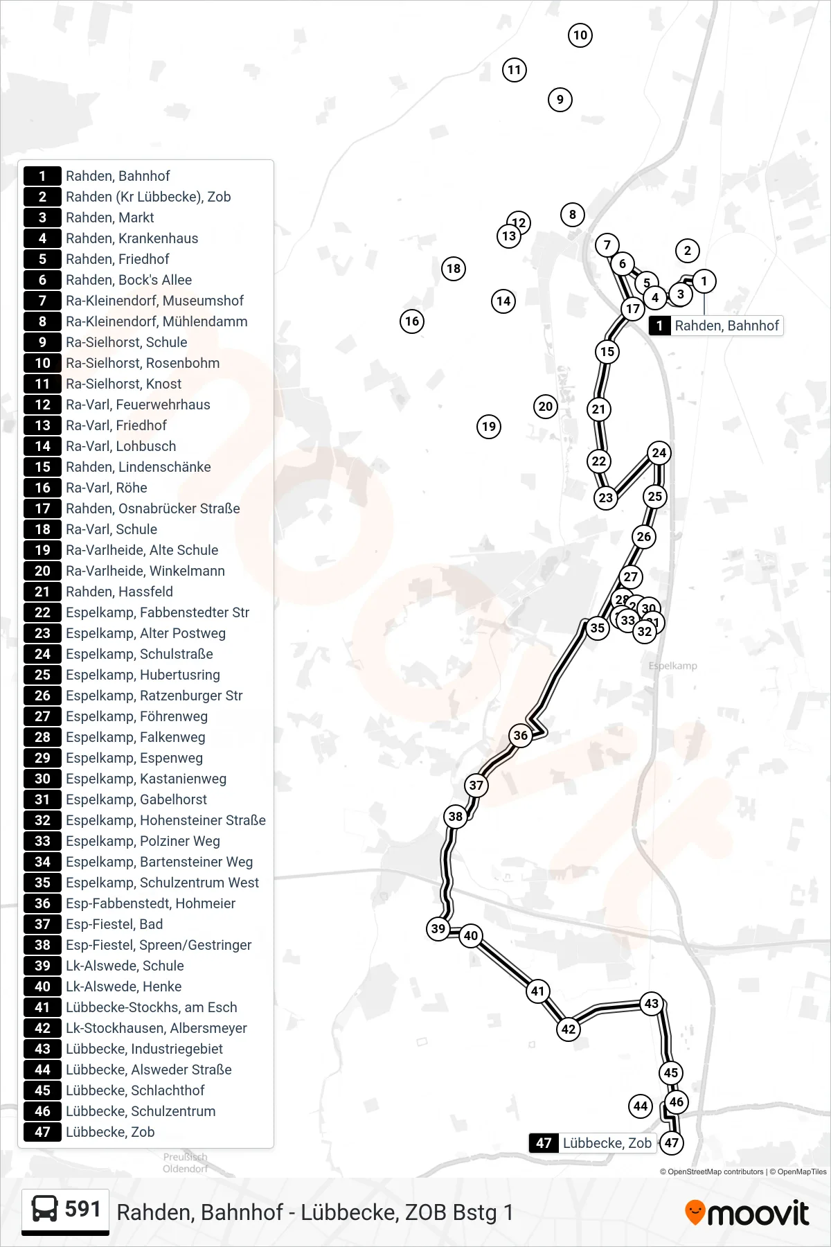 591 bus Line (Lübbecke Z O B) route and stops on a map