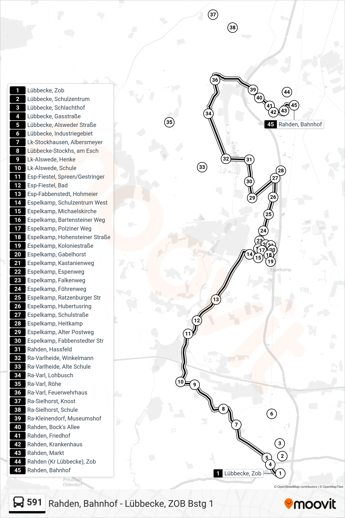591 bus Line (Rahden Bahnhof) route and stops on a map