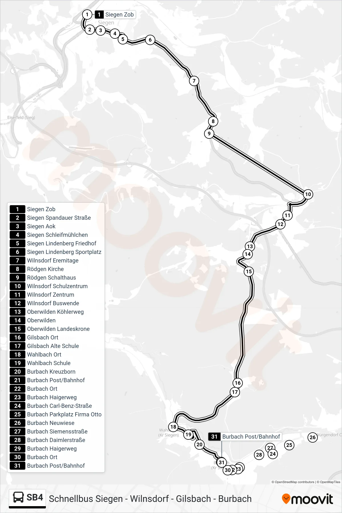 SB4 bus Line (Burbach Post/Bahnhof) route and stops on a map
