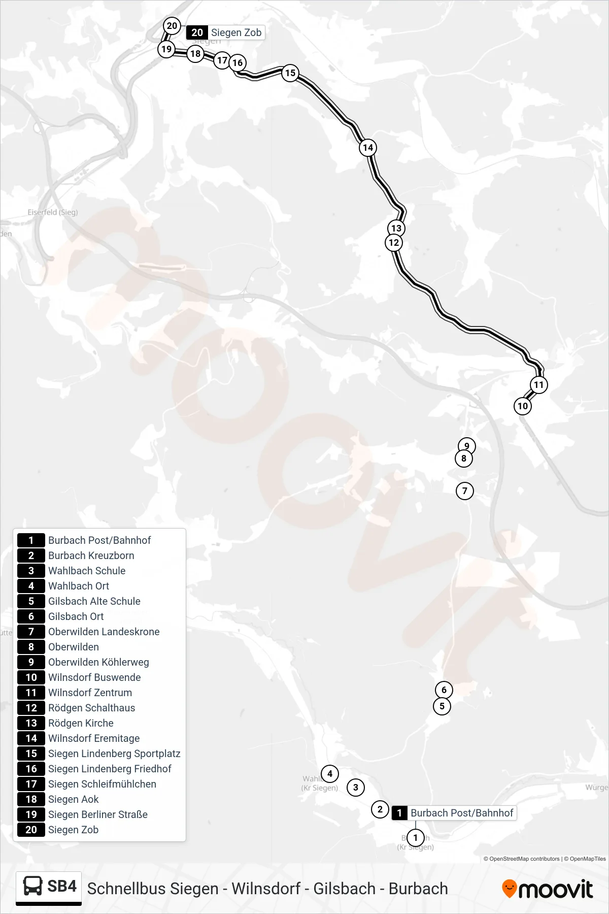 Linie SB4 (Bus) Richtung Siegen Zob Bstg E: Route und Haltestellen auf der Karte
