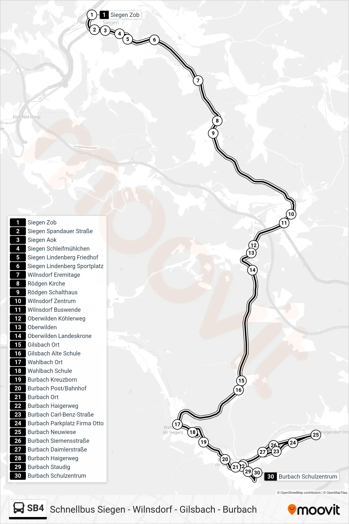 SB4 bus Line (Burbach Schulzentrum) route and stops on a map