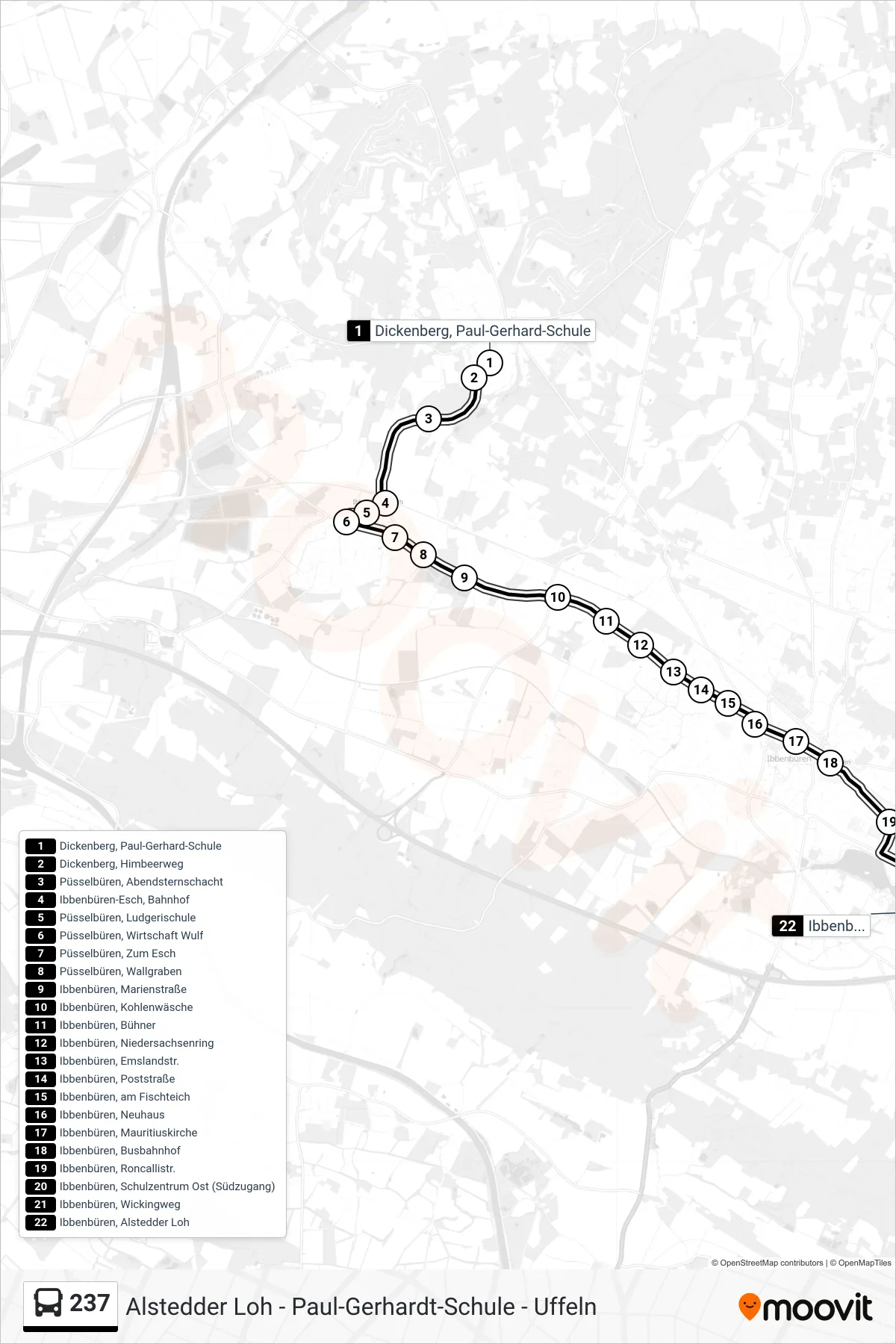 Linie 237 (Bus) Richtung Ibbenbüren, Alstedder Loh: Route und Haltestellen auf der Karte